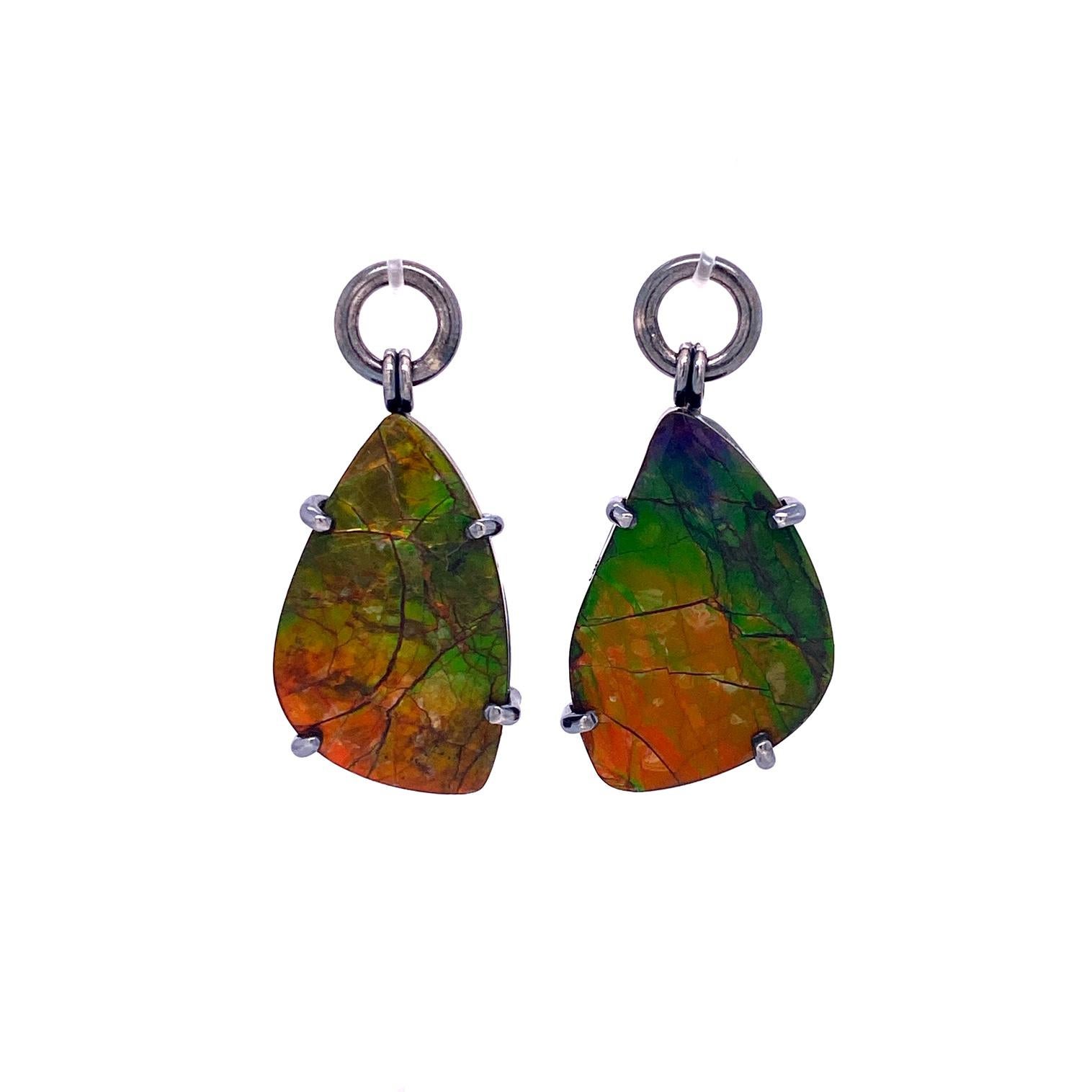 Contemporary 18k Rose Gold Rose Zircon Studs with Oxidized Sterling Silver Ammolite Jackets For Sale