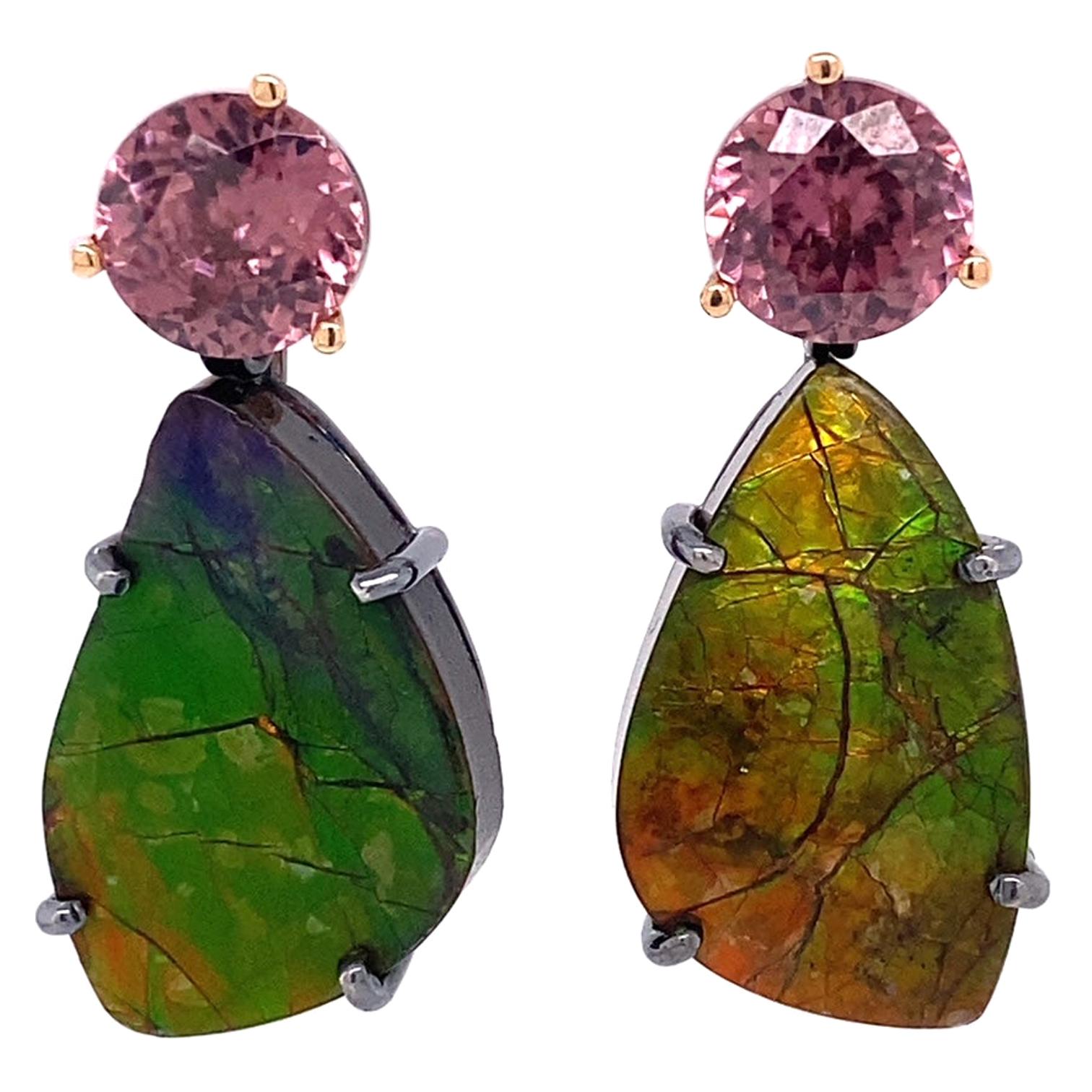 18k Rose Gold Rose Zircon Studs with Oxidized Sterling Silver Ammolite Jackets For Sale