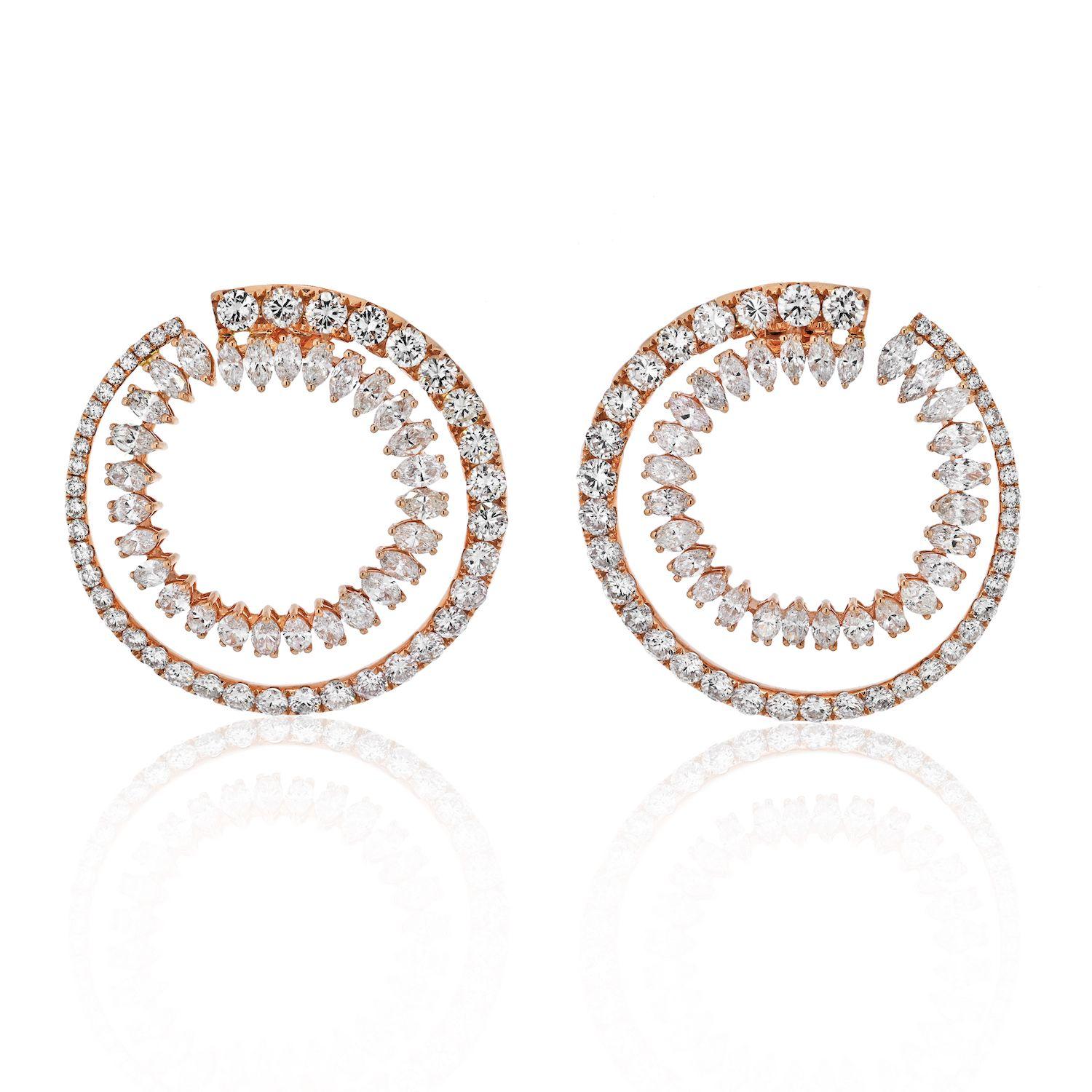 Modern 18K Rose Gold Round Diamond Double Hoop Marquise Round Cut Diamond Earrings For Sale