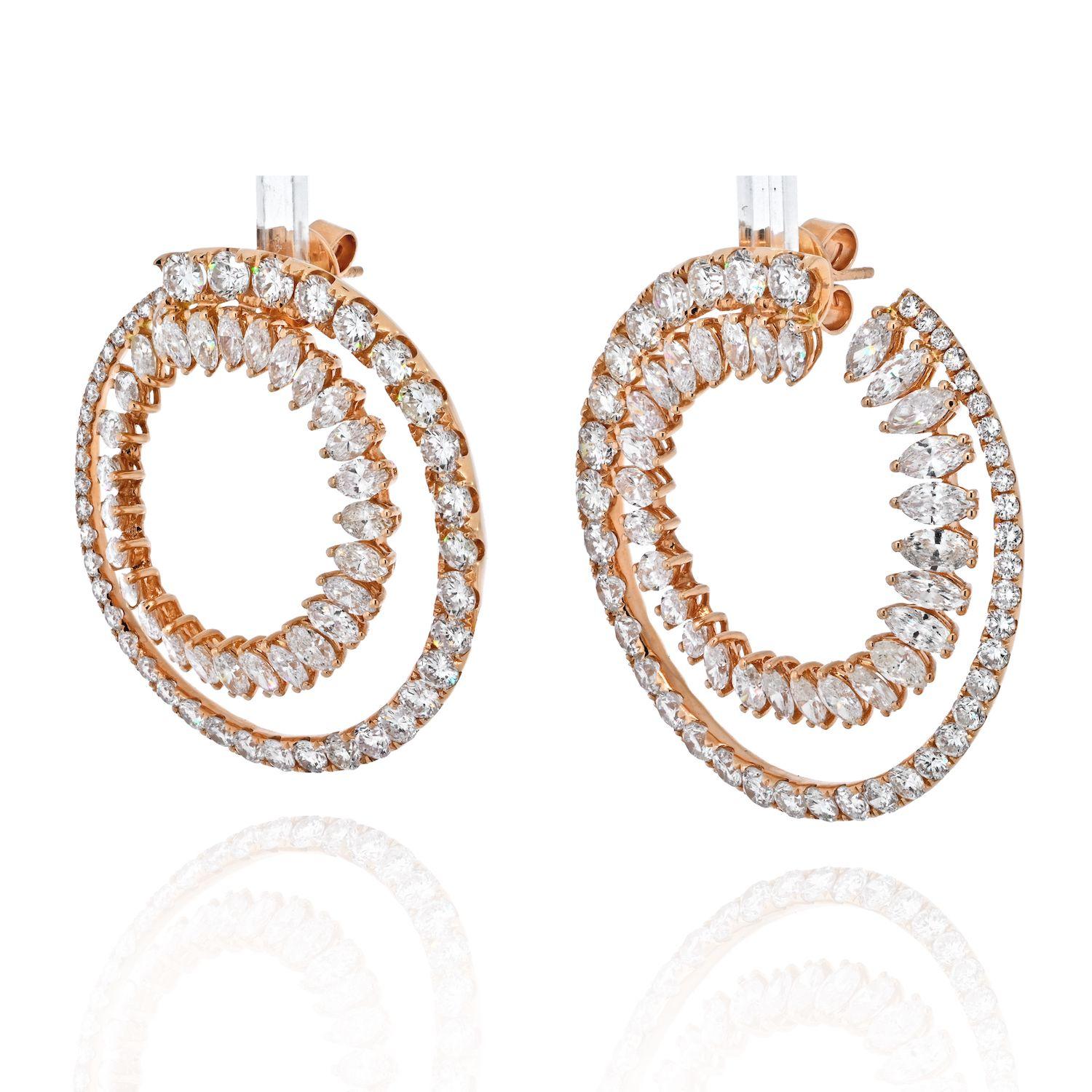18K Rose Gold Round Diamond Double Hoop Marquise Round Cut Diamond Earrings In New Condition For Sale In New York, NY
