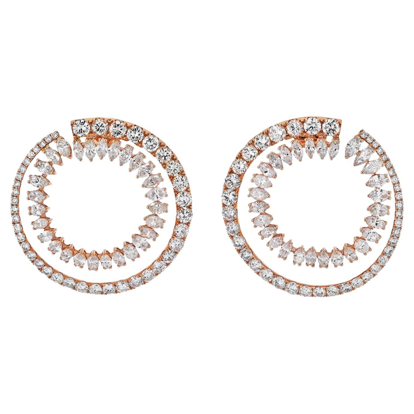 18K Rose Gold Round Diamond Double Hoop Marquise Round Cut Diamond Earrings For Sale