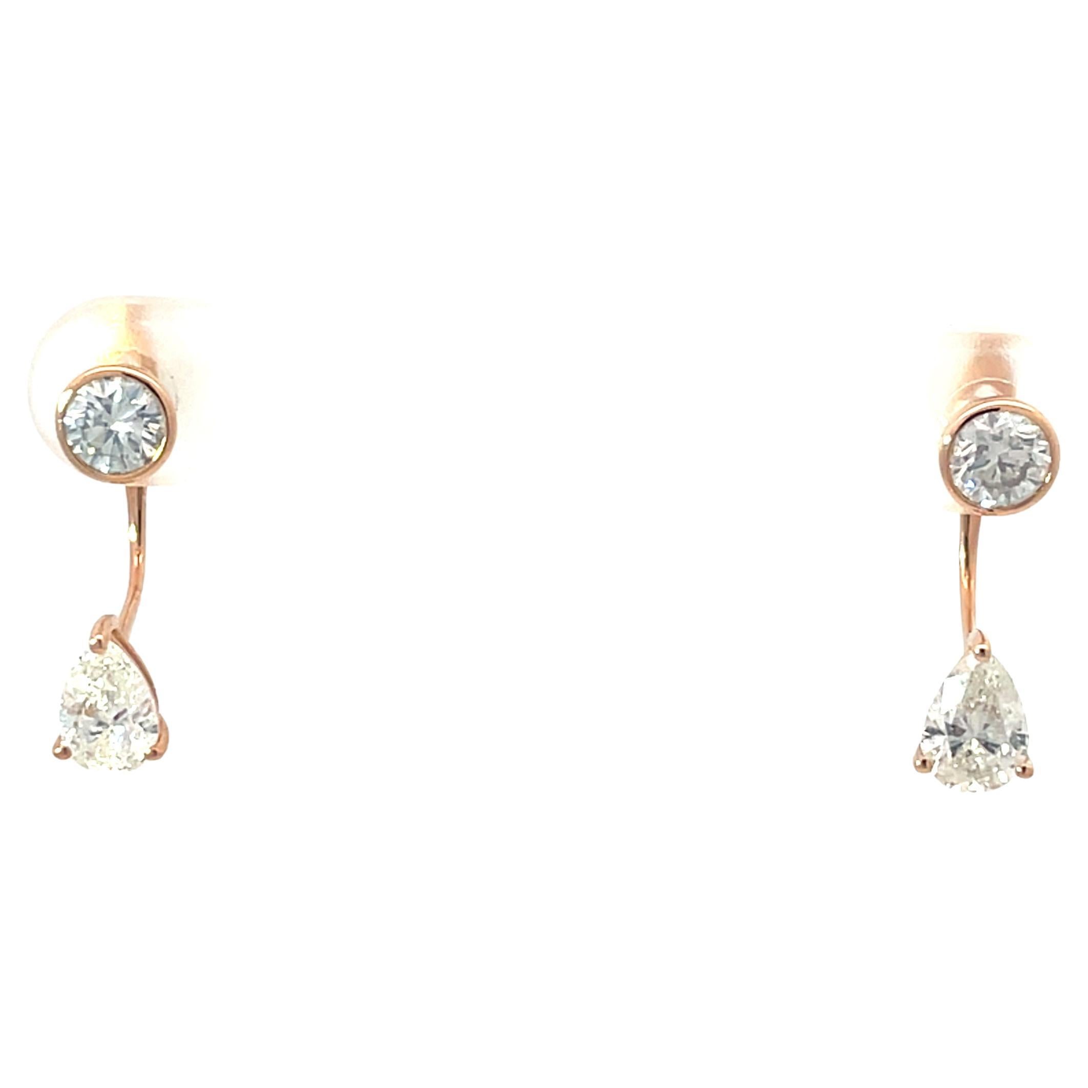 18K Rose Gold Round Diamond Studs with Pear Shaped Diamond Jackets For Sale