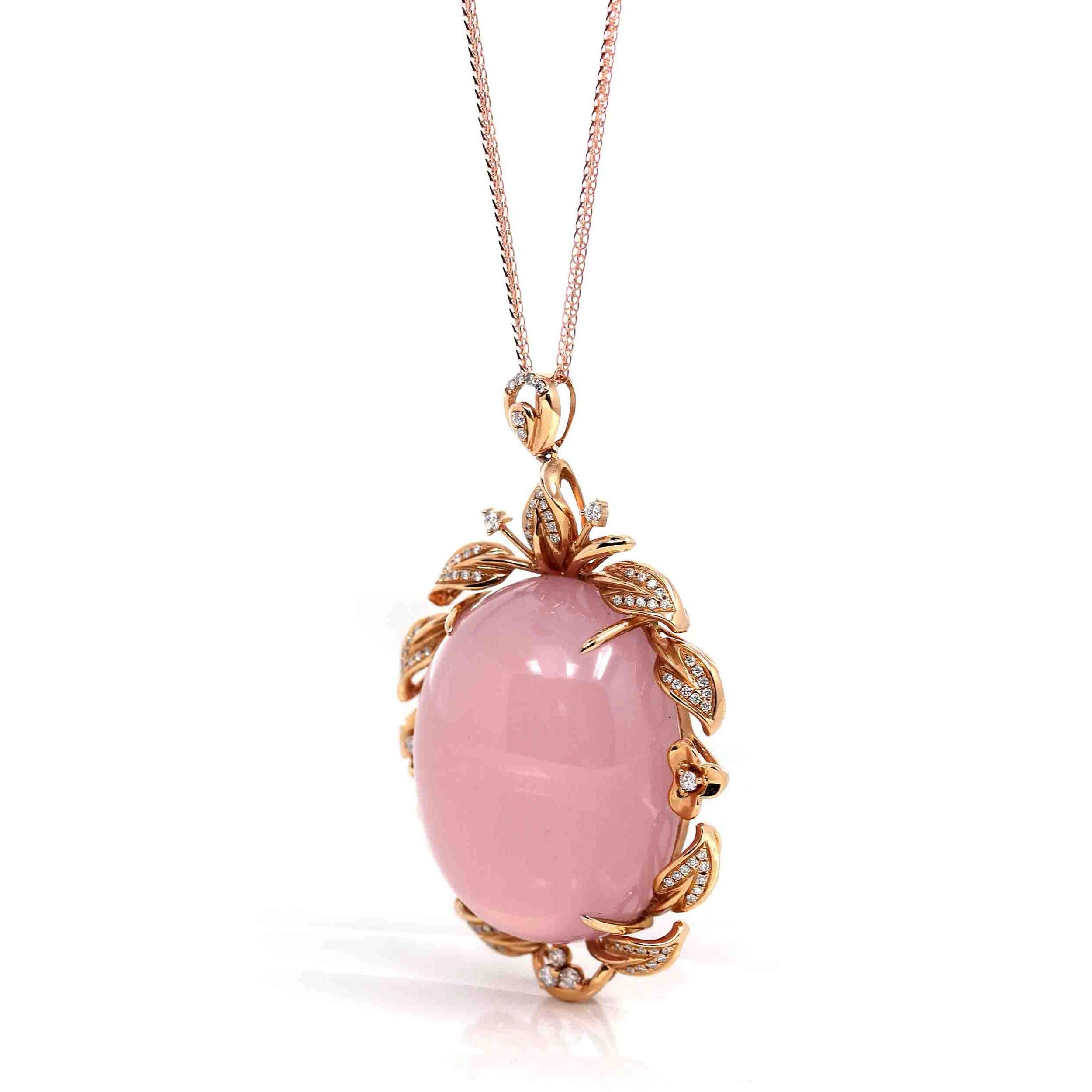 * DESIGN CONCEPT---18k Rose Gold & Natural Rose Quartz Pendant Necklace. This pendant made with high-quality genuine pink rose quartz. The rose quartz is striking yet elegant. Rose quartz represents the bananas between relationships. The design is a