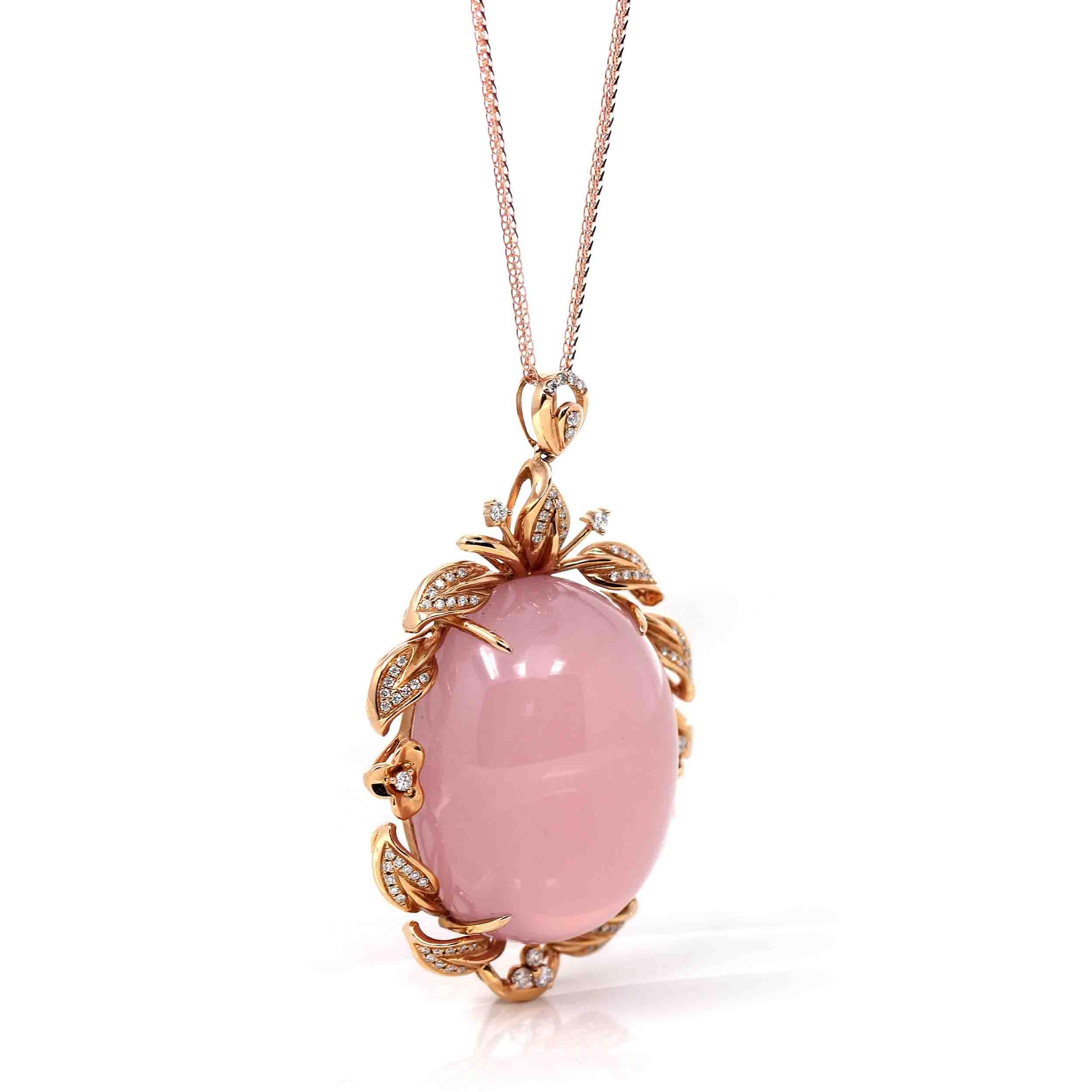 Artist 18k Rose Gold Royal Rose Quartz Pendant Necklace with Diamonds For Sale