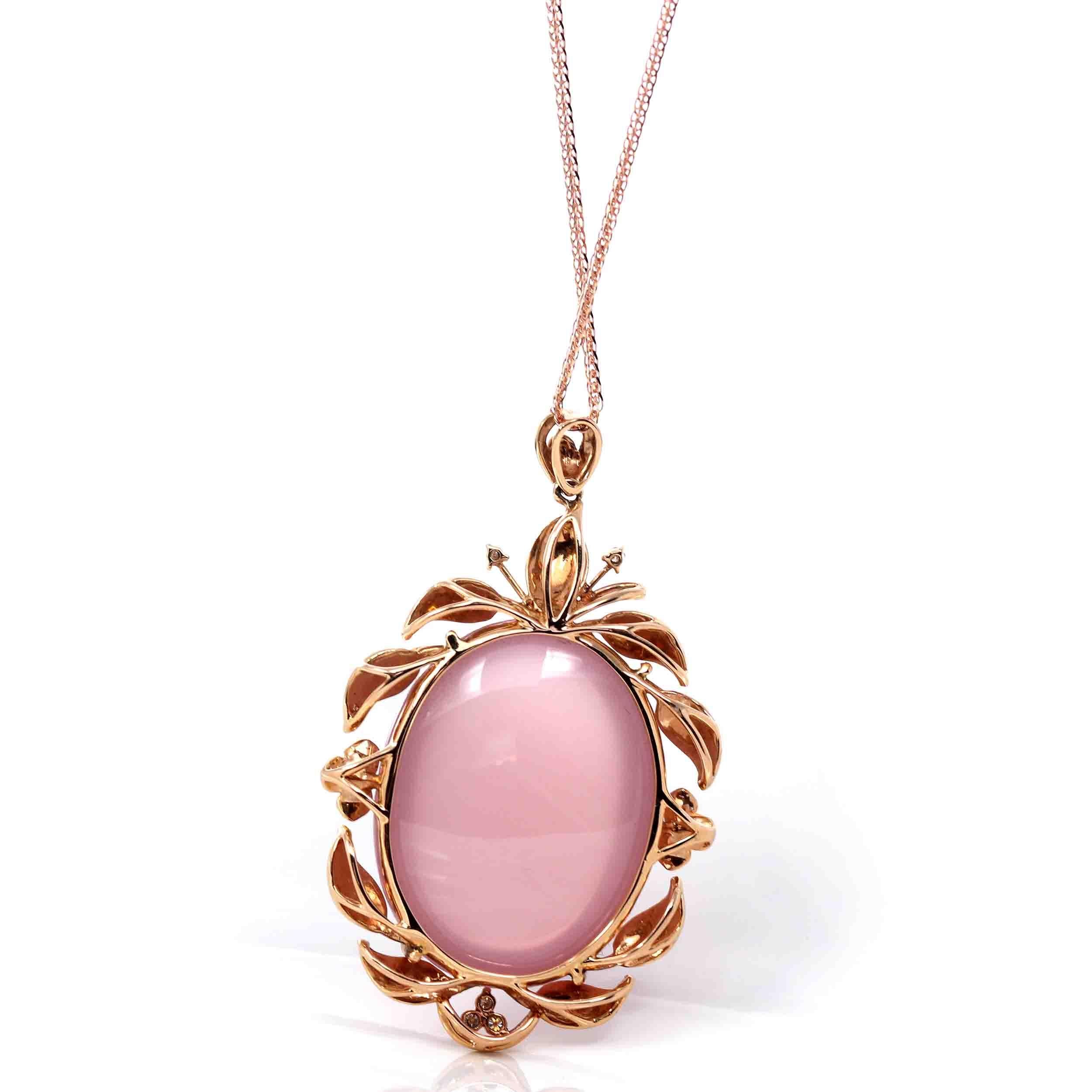 Sugarloaf Cabochon 18k Rose Gold Royal Rose Quartz Pendant Necklace with Diamonds For Sale