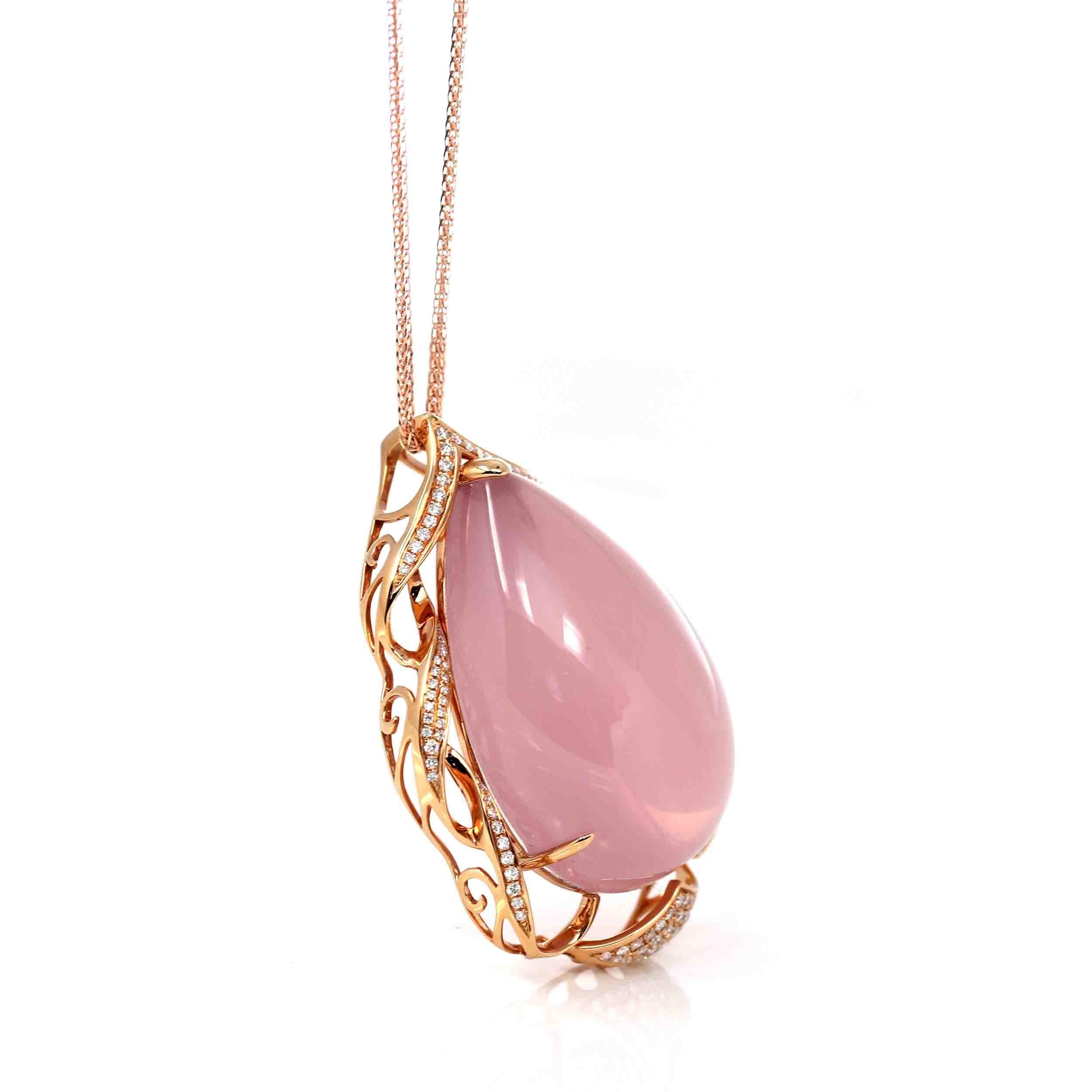 Taille poire Collier pendentif en or rose 18 carats avec quartz rose royal et diamants en vente