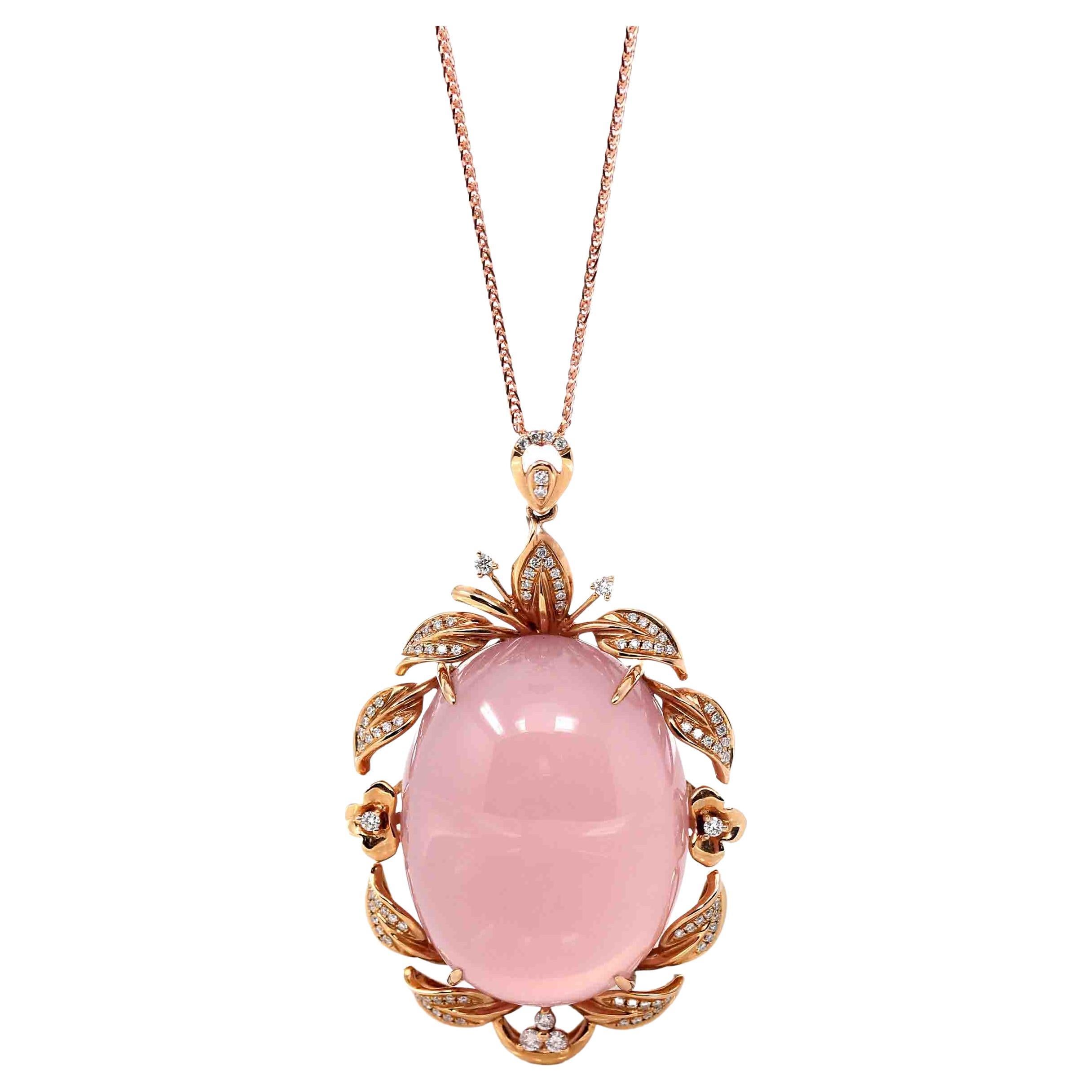 Collier pendentif en or rose 18 carats avec quartz rose royal et diamants