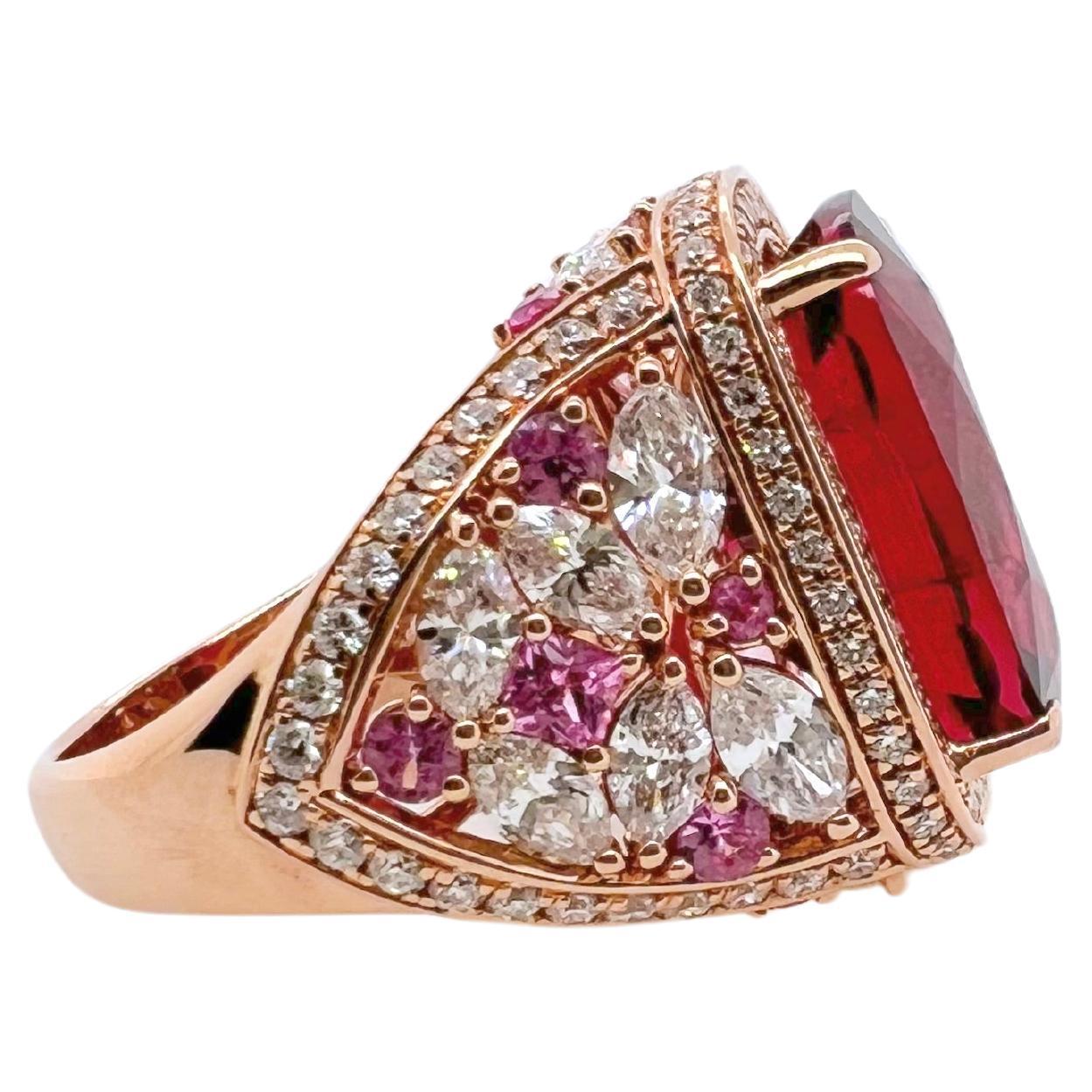Contemporary 18k Rose Gold Rubellite with Pink Sapphires and Diamond Ring