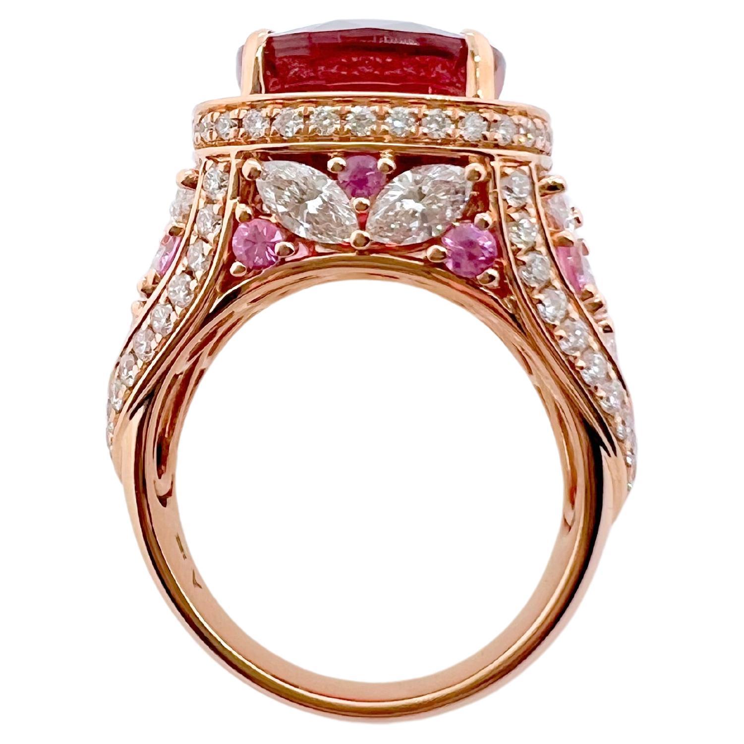 Oval Cut 18k Rose Gold Rubellite with Pink Sapphires and Diamond Ring