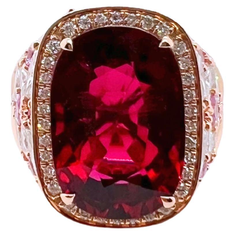 18k Rose Gold Rubellite with Pink Sapphires and Diamond Ring