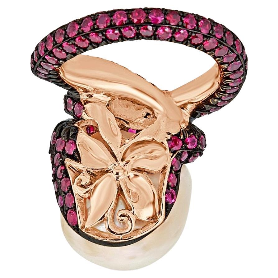 Round Cut 18k Rose Gold Rubies and Baroque Pearl Ring