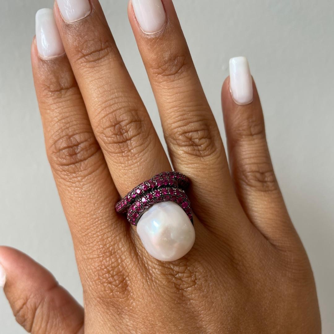 Women's 18k Rose Gold Rubies and Baroque Pearl Ring