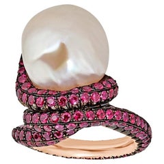 18k Rose Gold Rubies and Baroque Pearl Ring