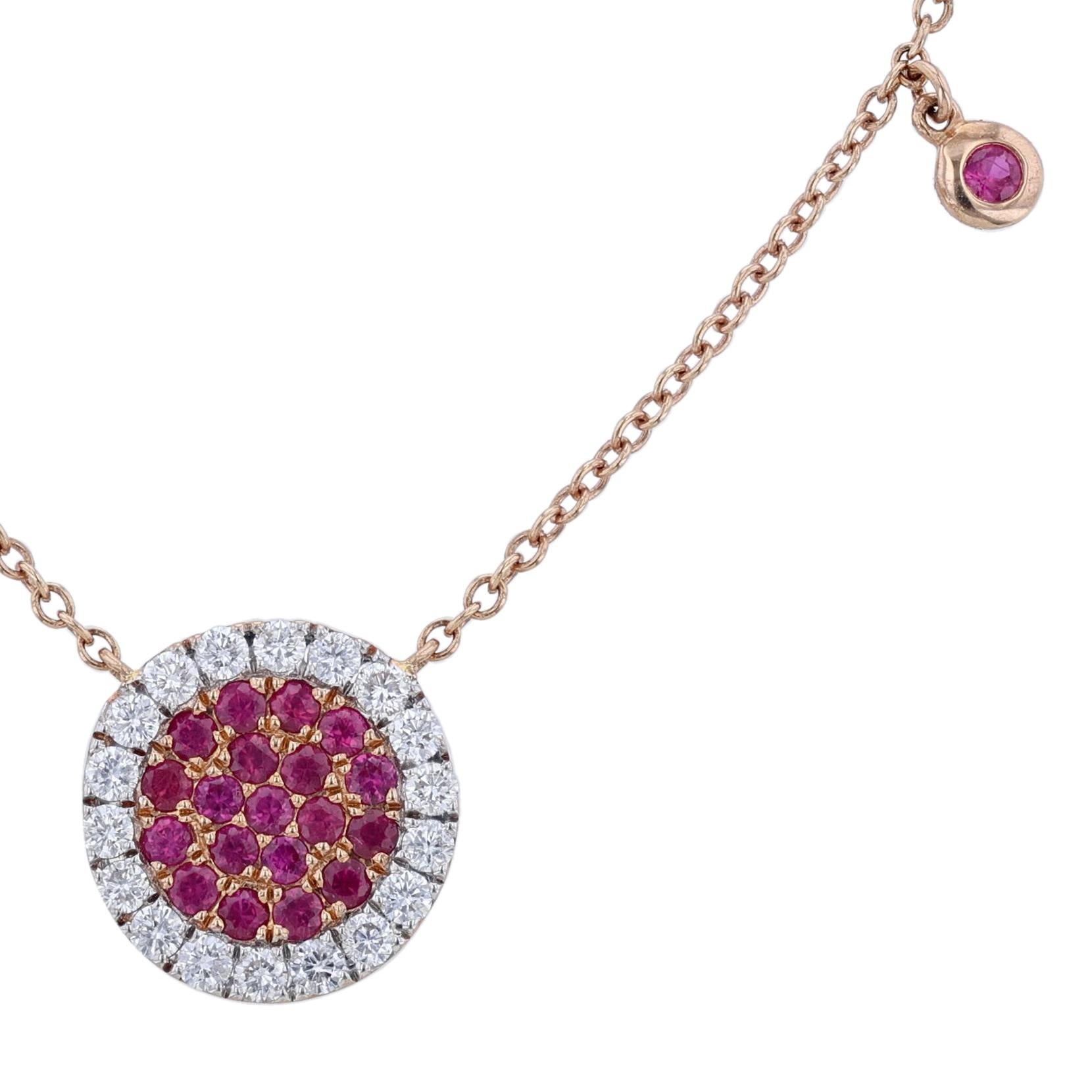 Contemporary 18K Rose Gold Rubies with Diamonds Round Pendant Necklace For Sale