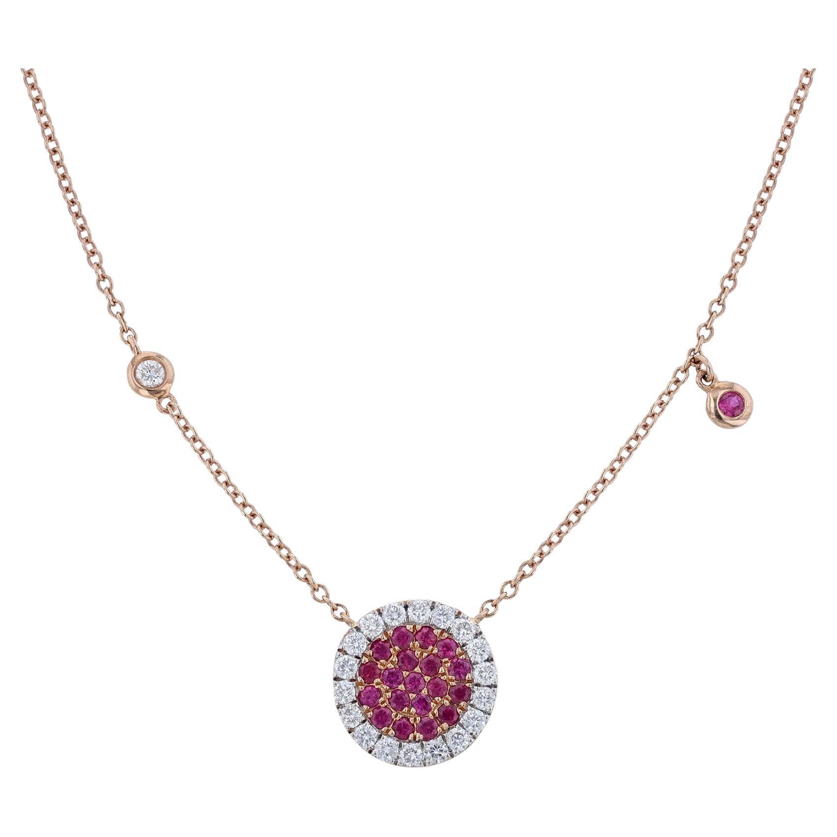 18K Rose Gold Rubies with Diamonds Round Pendant Necklace For Sale