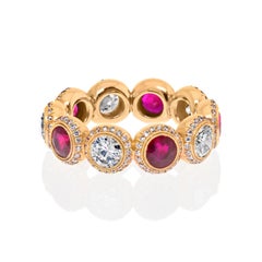 18K Rose Gold Ruby And Diamond Round Cut Handmade Eternity Band