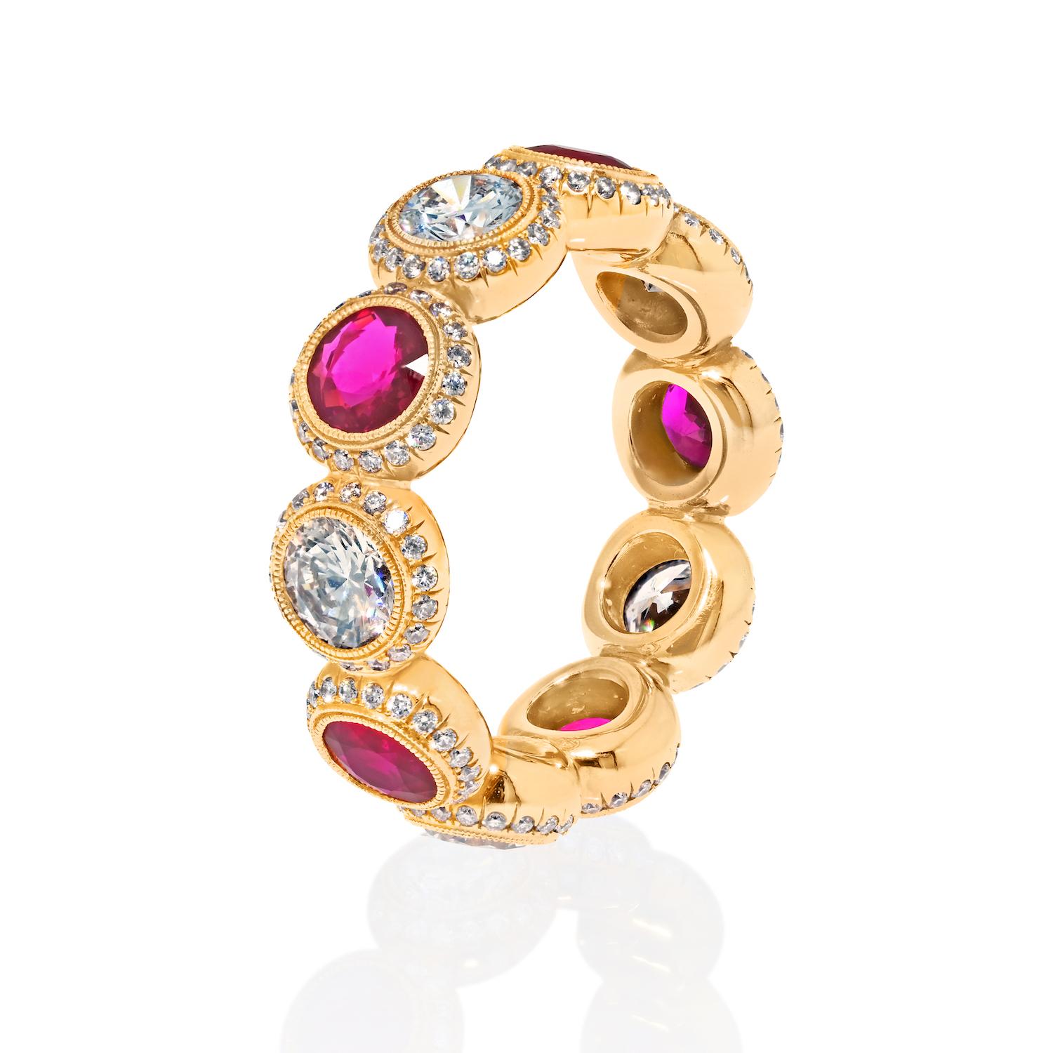 Contemporary 18K Rose Gold Ruby And Diamond Round Cut Handmade Eternity Band For Sale