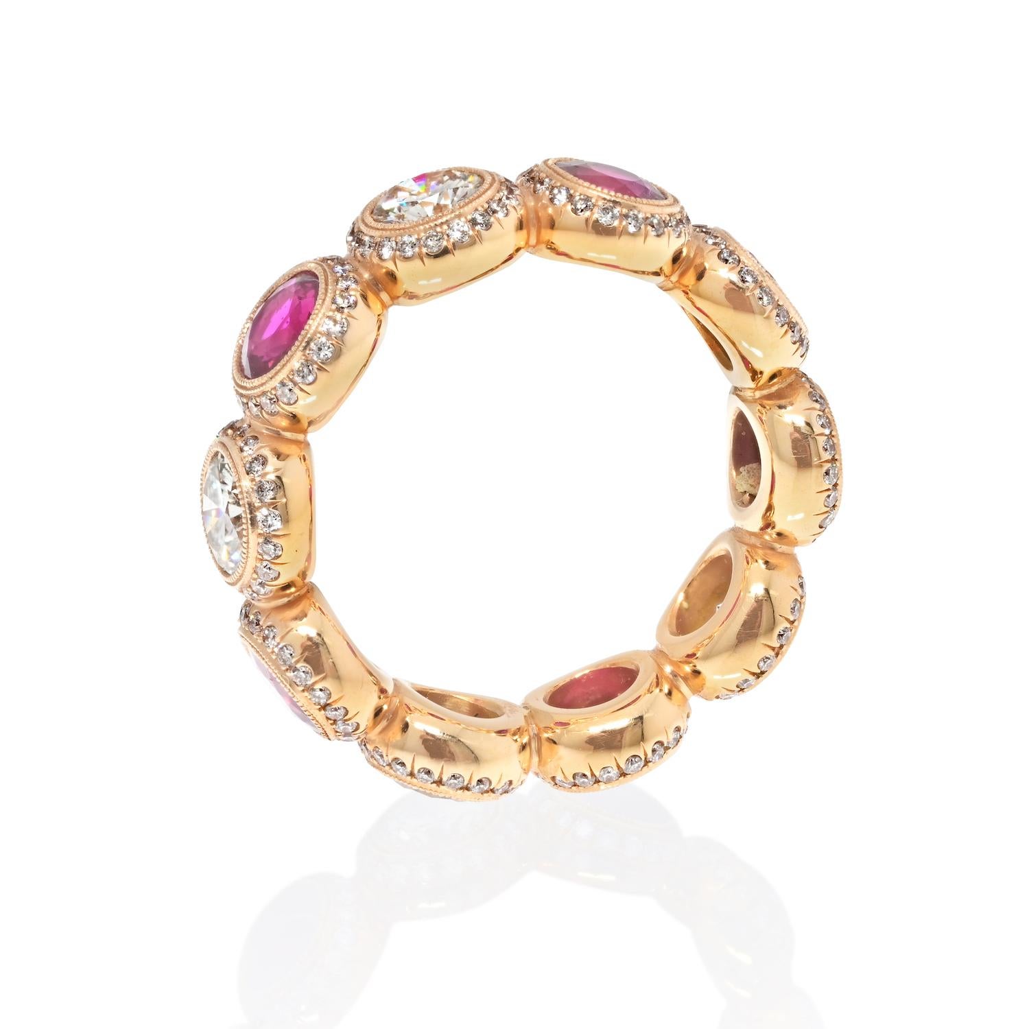 18K Rose Gold Ruby And Diamond Round Cut Handmade Eternity Band In New Condition For Sale In New York, NY