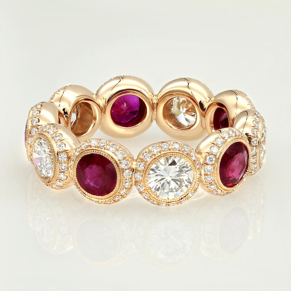 Women's 18K Rose Gold Ruby And Diamond Round Cut Handmade Eternity Band For Sale