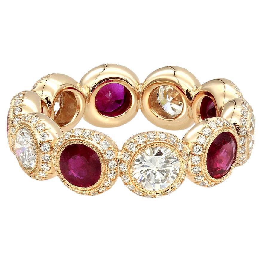 18K Rose Gold Ruby And Diamond Round Cut Handmade Eternity Band For Sale