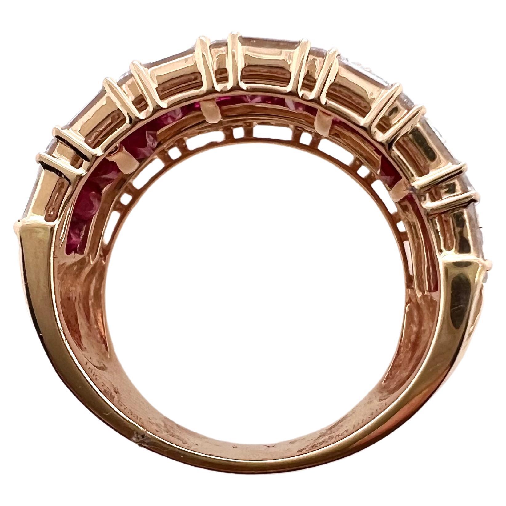 Baguette Cut 18k Rose Gold Ruby Baguette and Diamond Band For Sale
