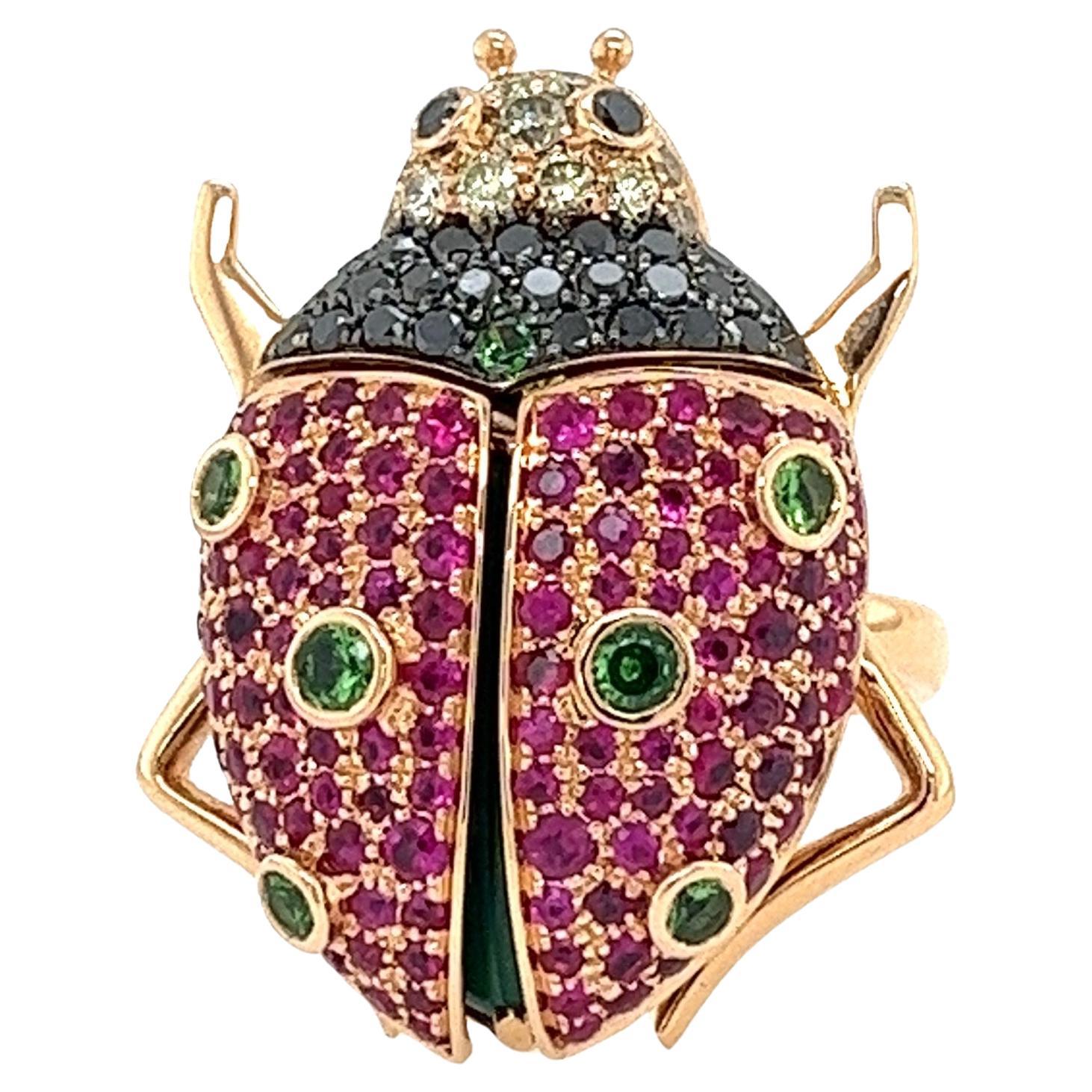 18 Karat Roségold Rubin & Schwarzer Diamant Ladybug Ring