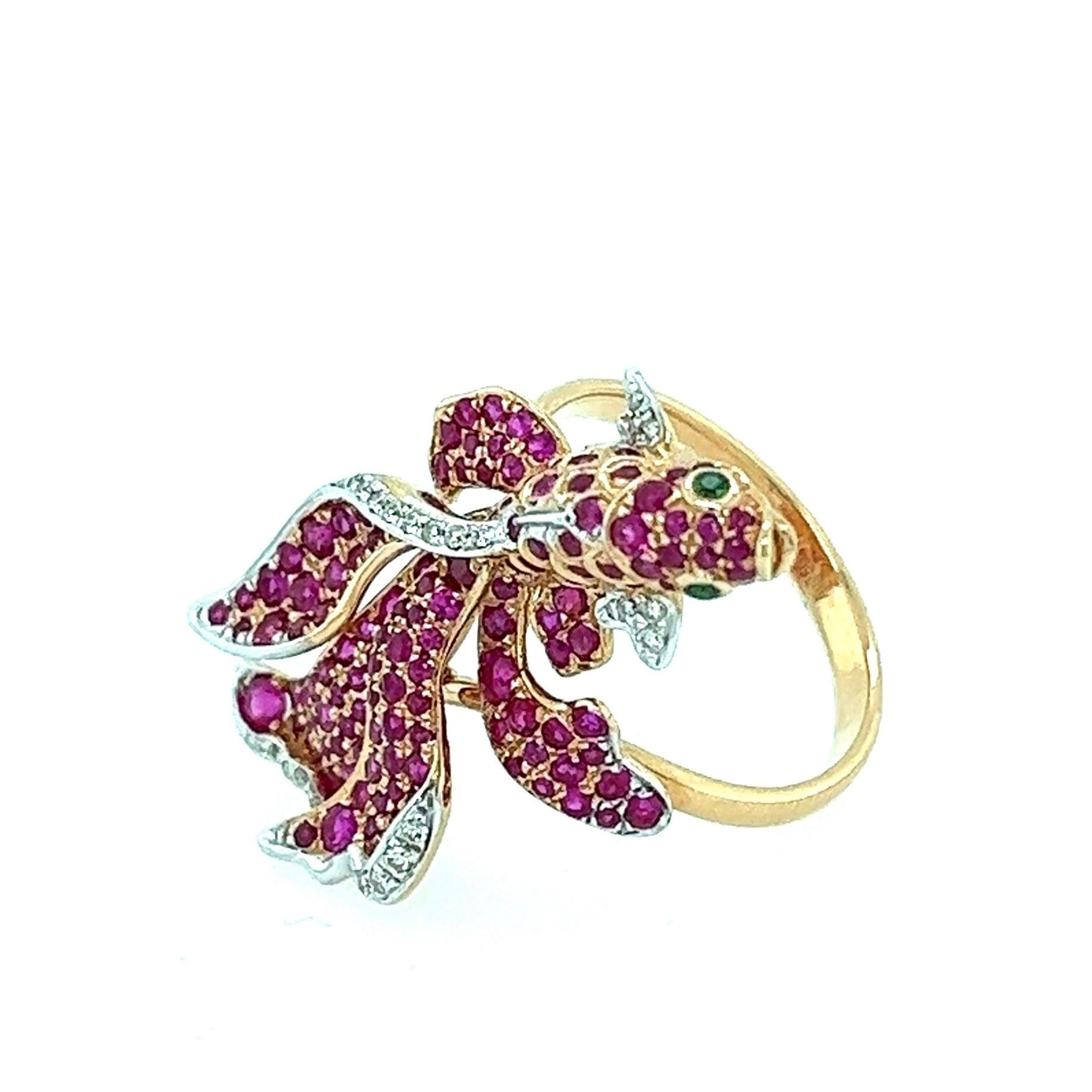 18K Rose Gold Ruby Blessing Goldfish Ring with Diamonds

24 Diamonds - 0.09 CT
2 Green Garnets - 0.03 CT
137 Rubies - 1.44 CT
18K Rose Gold - 5.49 GM

This is a vibrant red goldfish ring adorned with rubies, symbolizing grace and elegance. Inspired