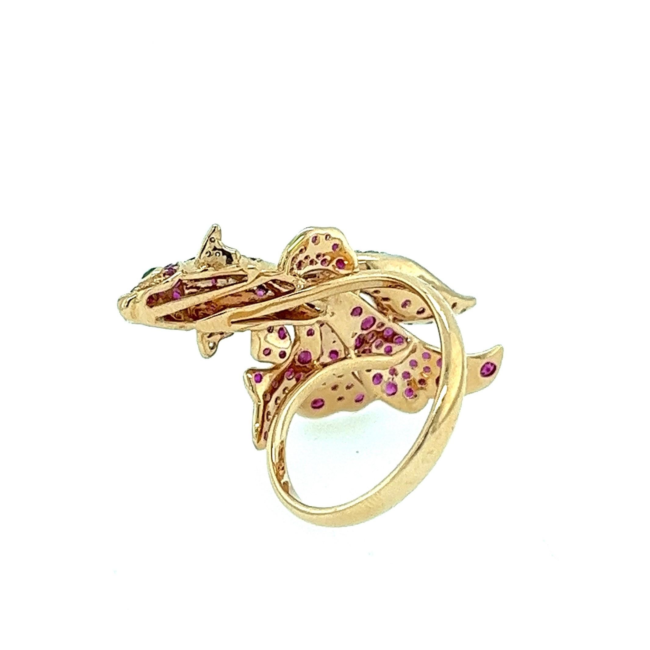 Modern 18K Rose Gold Ruby Blessing Goldfish Ring with Diamonds For Sale