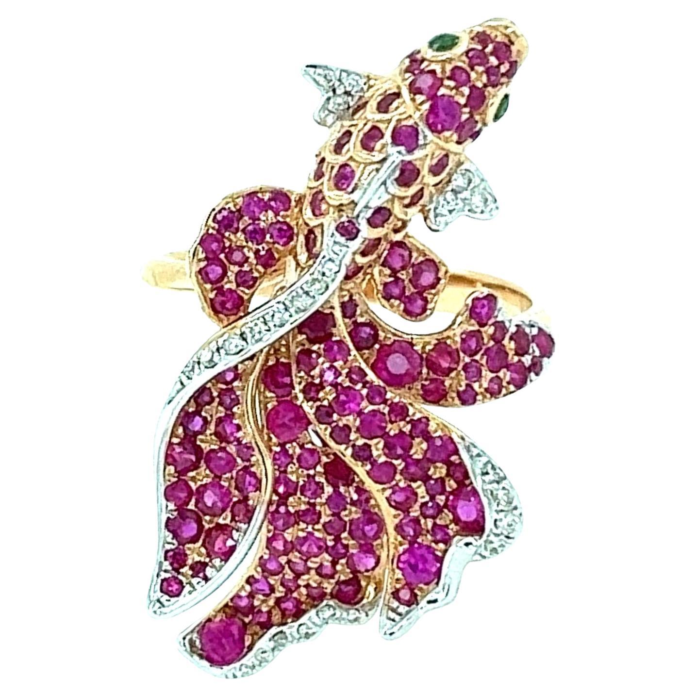 18K Rose Gold Ruby Blessing Goldfish Ring with Diamonds
