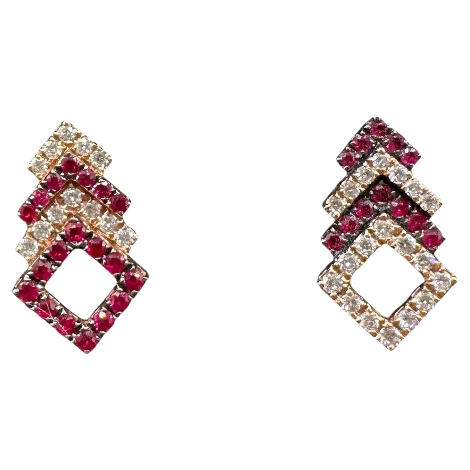 18K Rose Gold Ruby Diamond Earrings 0.25ctw Rubies 0.19ctw Diamonds