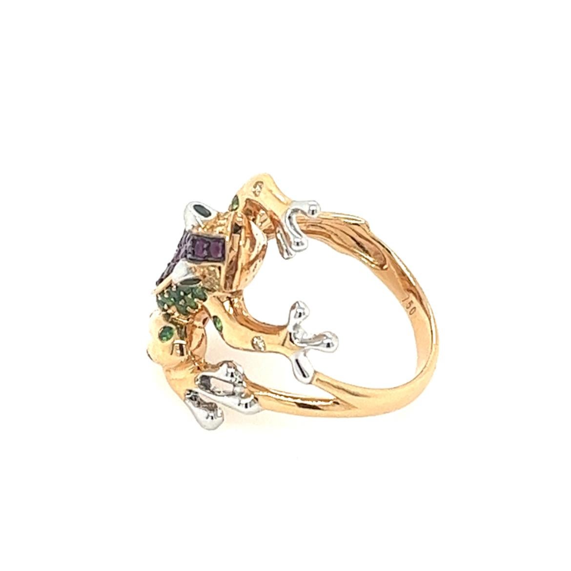 Round Cut 18K Rose Gold Ruby & Green Garnet Frog Ring with Diamonds For Sale