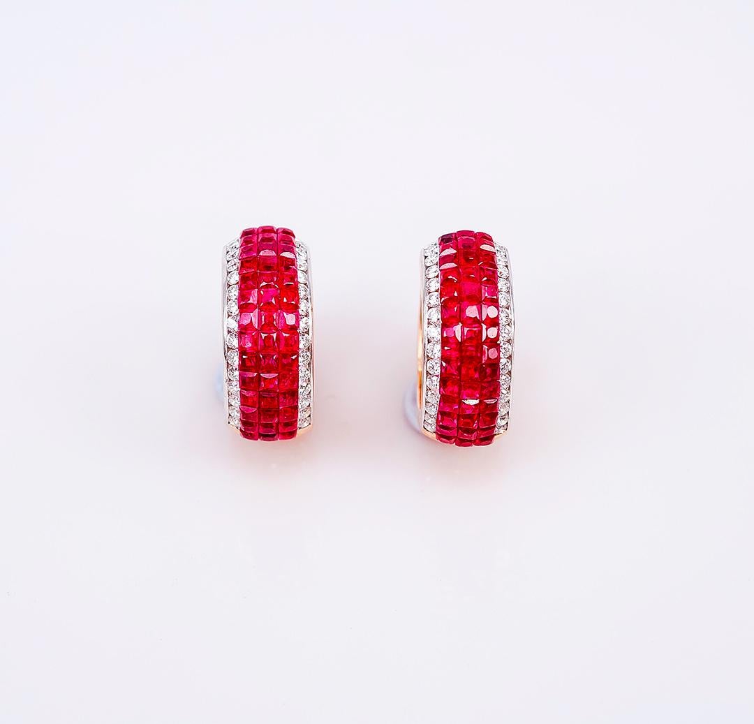 This hoop earrings we are special design .The outside we use invisible setting of deep red ruby and we also put the light pink round sapphire inside the hoop too.It is very in detail and delicate workmanship.All the back we open B net so the stone