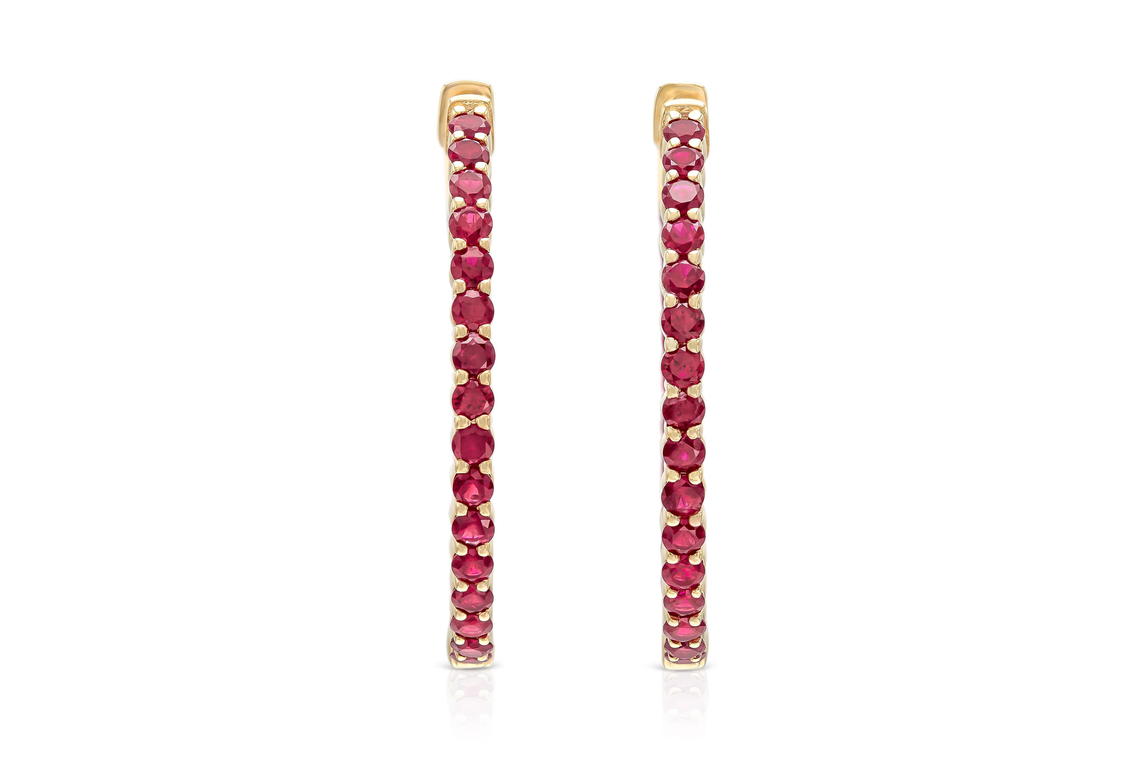 18K Rose Gold Hoops with 54 Round Brilliant Cut Natural Rubies weighting 3.40 carat.