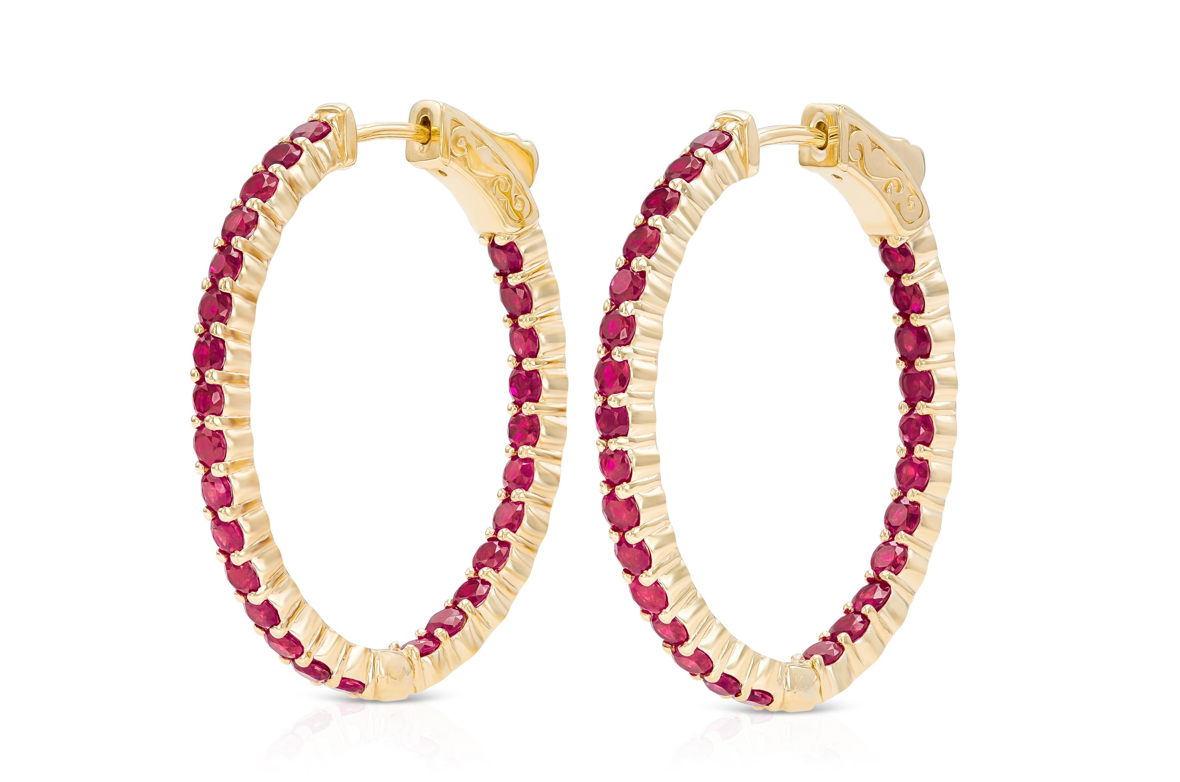 Modern 18K Rose Gold Ruby Hoops TW. 3.40ct For Sale