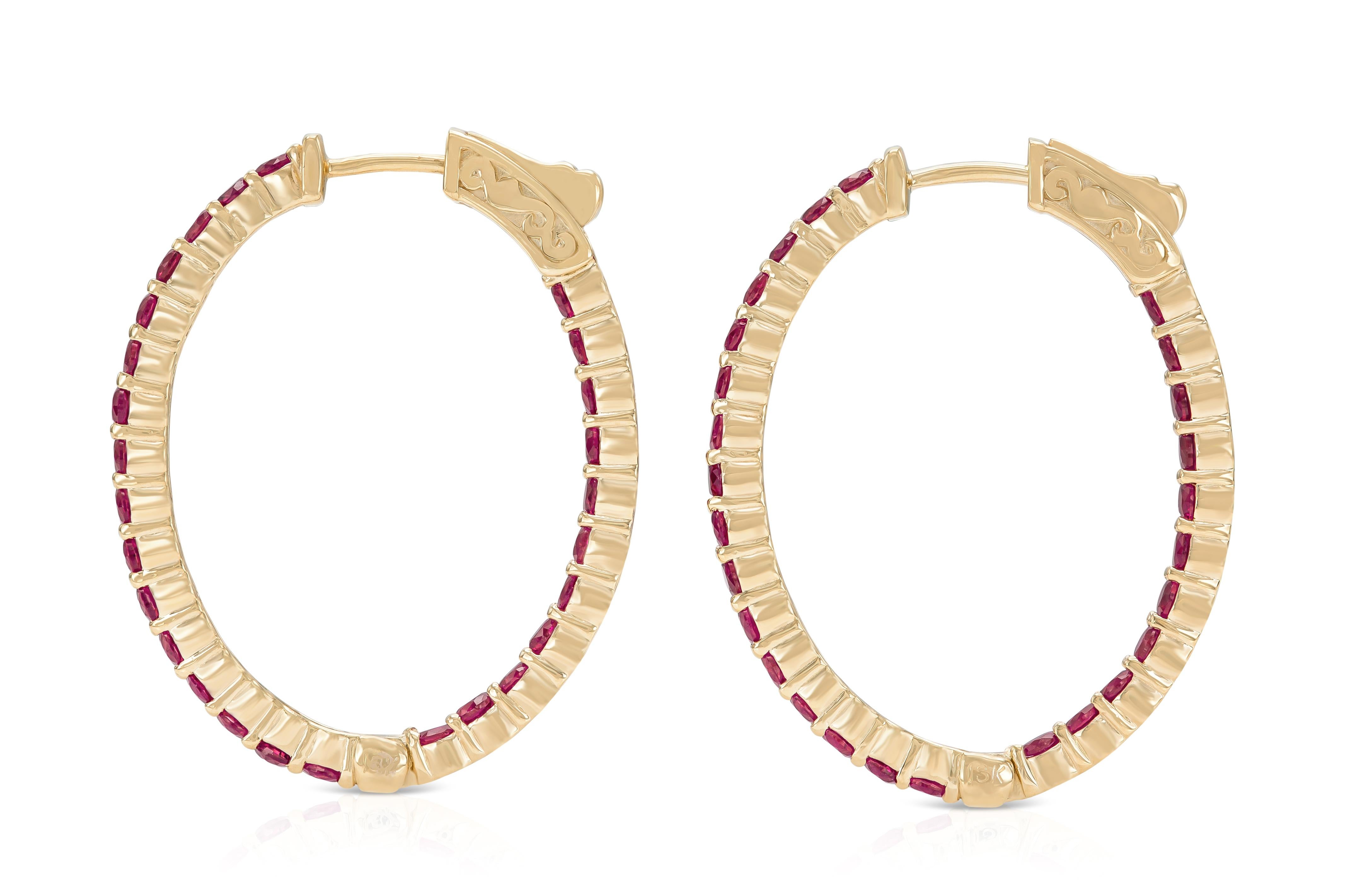 Round Cut 18K Rose Gold Ruby Hoops TW. 3.40ct For Sale