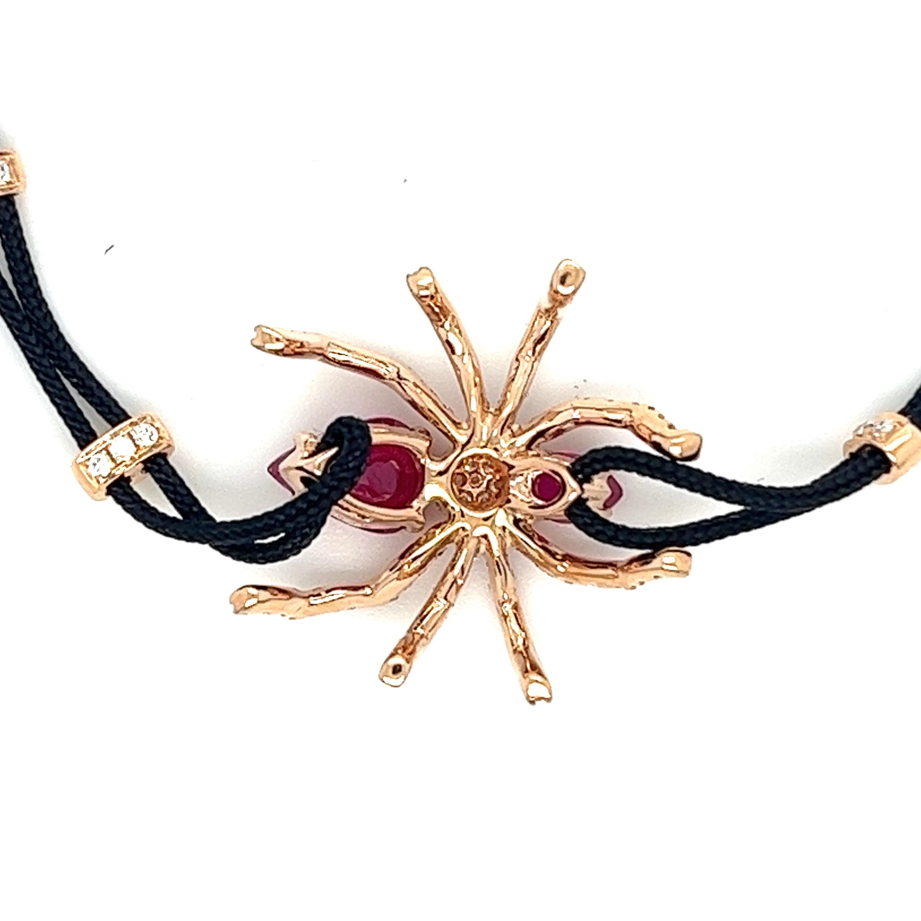 Modern 18K Rose Gold Ruby Spider Woven Bracelet with Diamonds For Sale