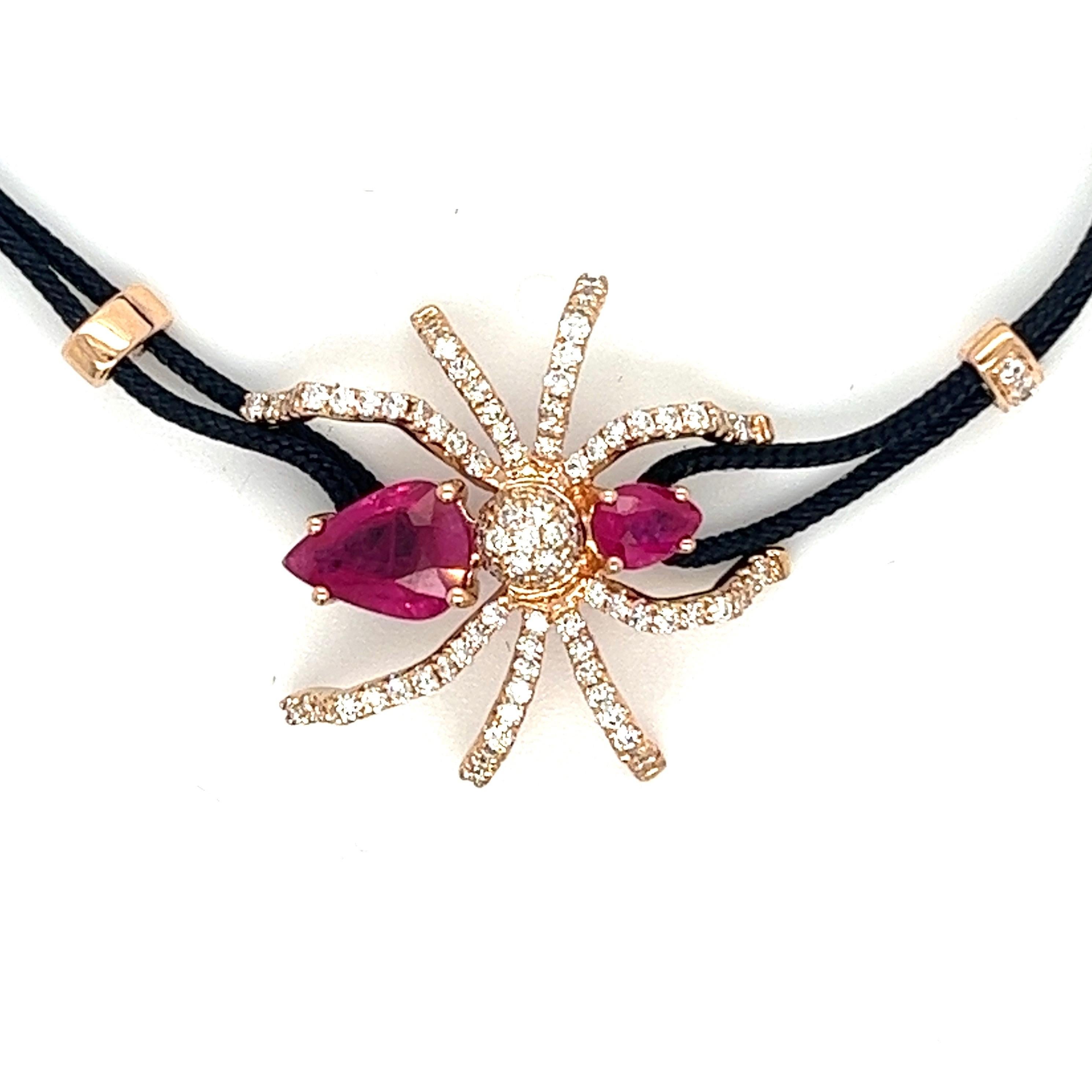 Cushion Cut 18K Rose Gold Ruby Spider Woven Bracelet with Diamonds For Sale