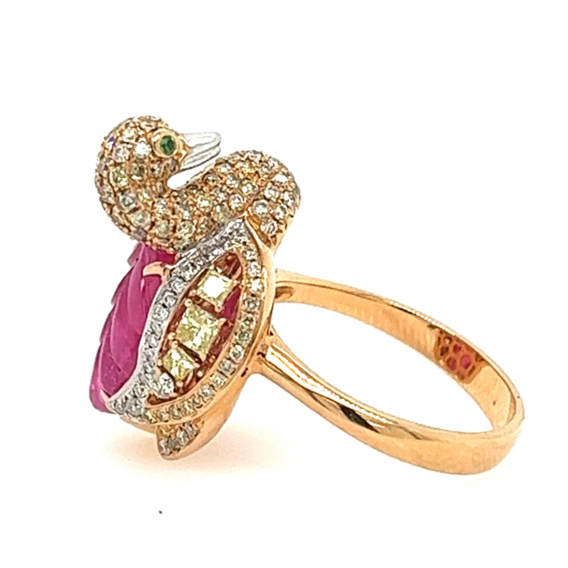 Modern 18K Rose Gold Ruby Swan Ring with Diamonds For Sale