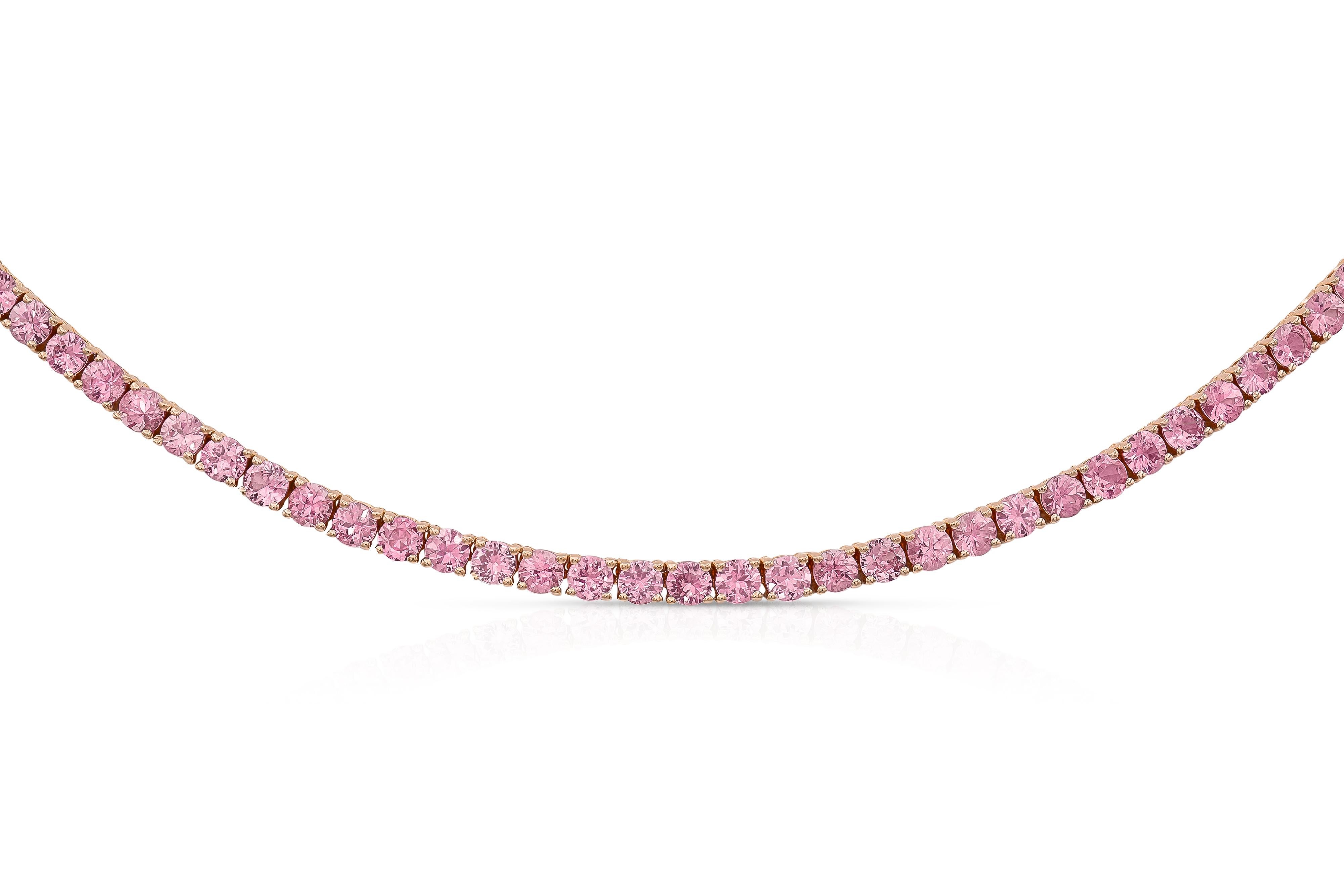 Modern 18K Rose Gold Sapphire Tennis Necklace Tw. 13.56 carat For Sale