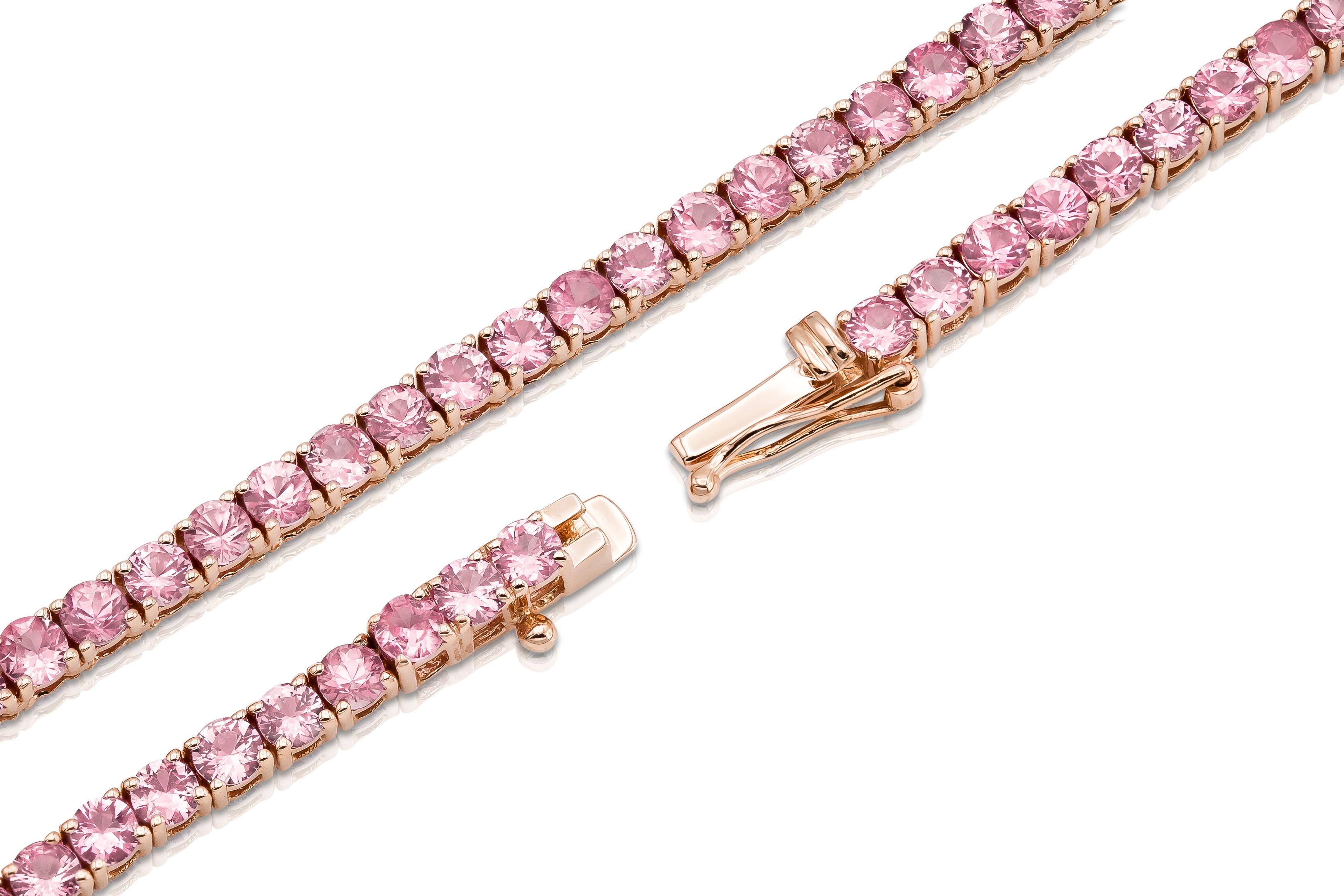 Round Cut 18K Rose Gold Sapphire Tennis Necklace Tw. 13.56 carat For Sale