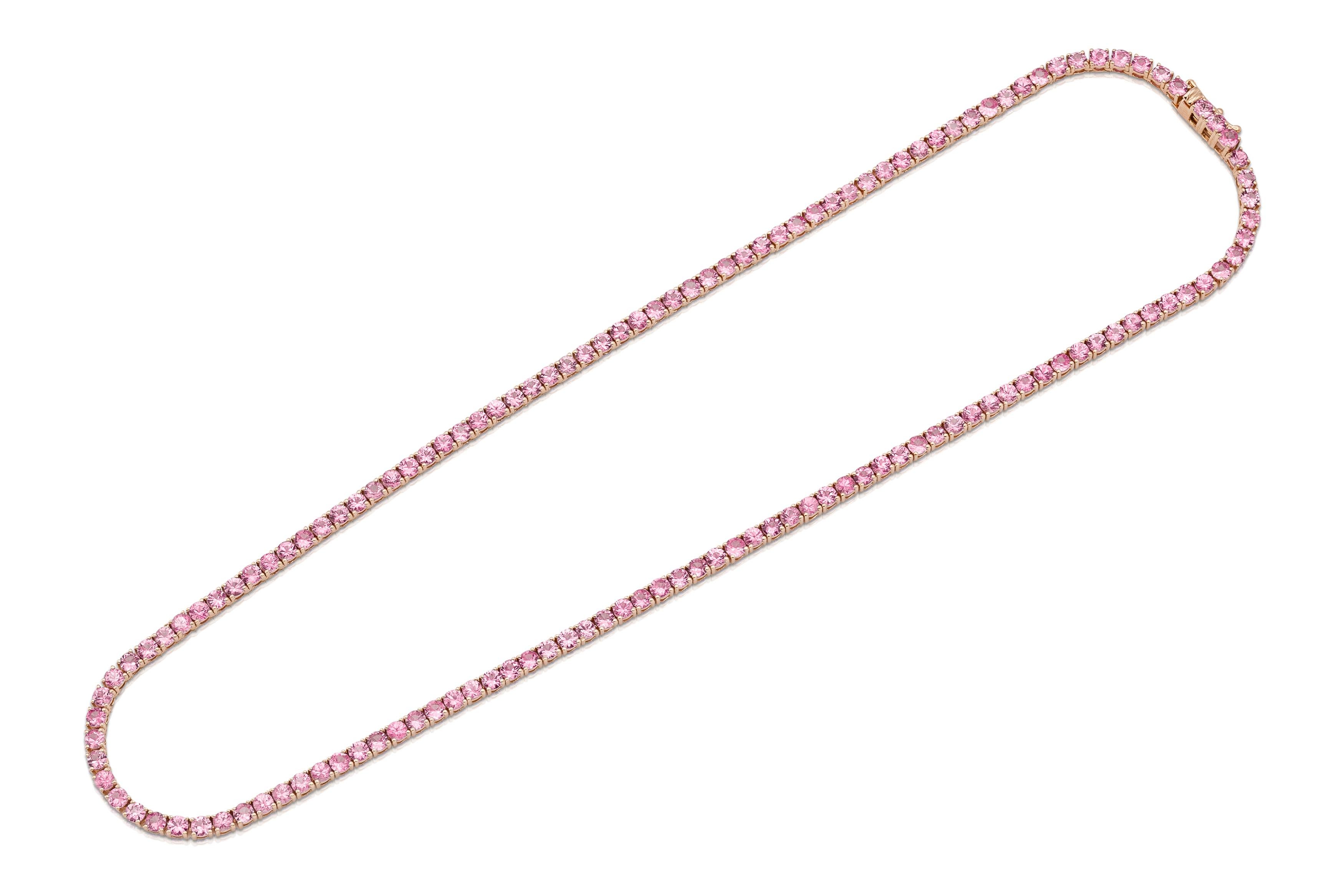18K Rose Gold Sapphire Tennis Necklace Tw. 13.56 carat In New Condition For Sale In New York, NY