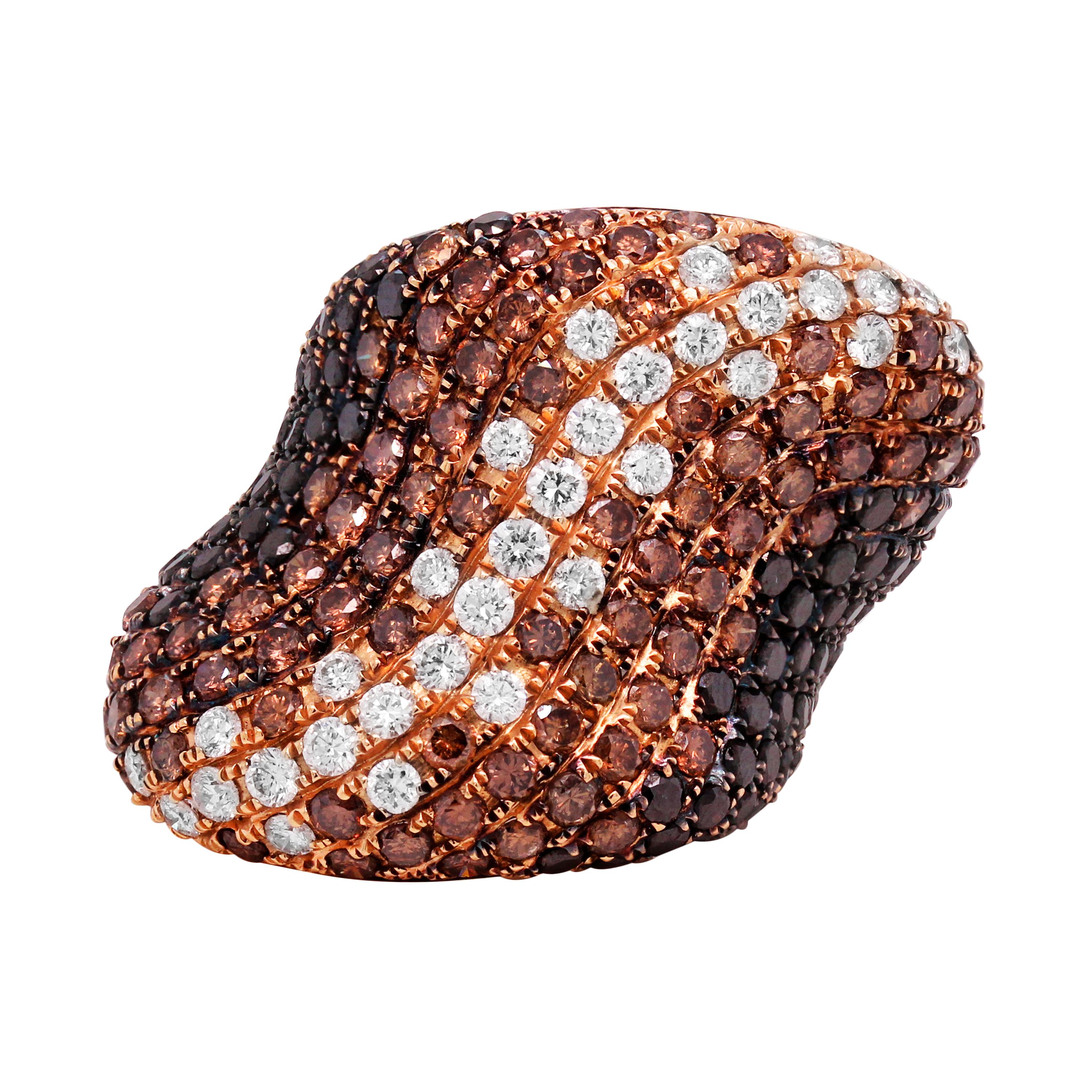 Contemporary 18 Karat Rose Gold Shaded White Brown Black Diamond Curved Cocktail Ring For Sale