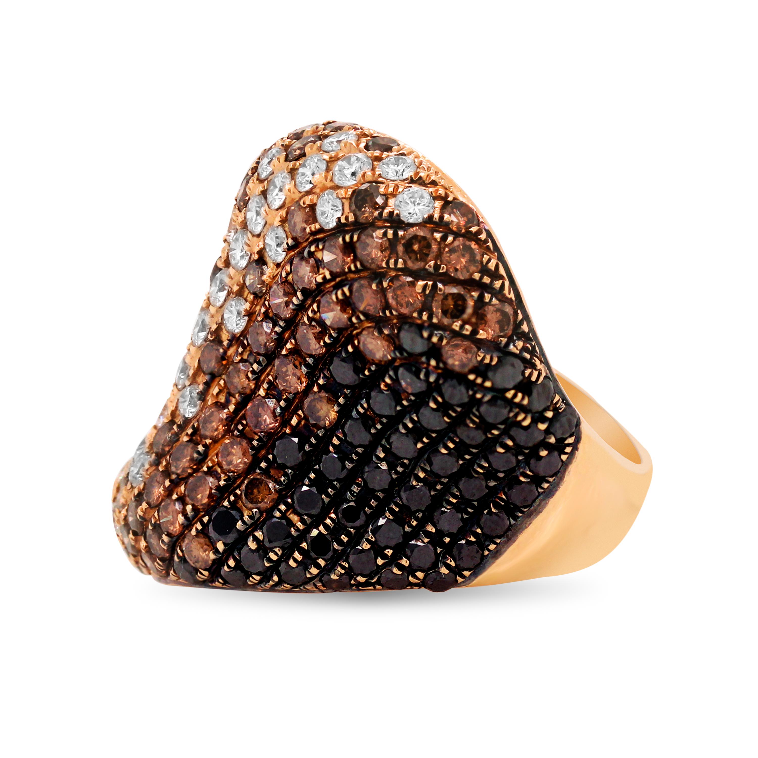 Round Cut 18 Karat Rose Gold Shaded White Brown Black Diamond Curved Cocktail Ring For Sale