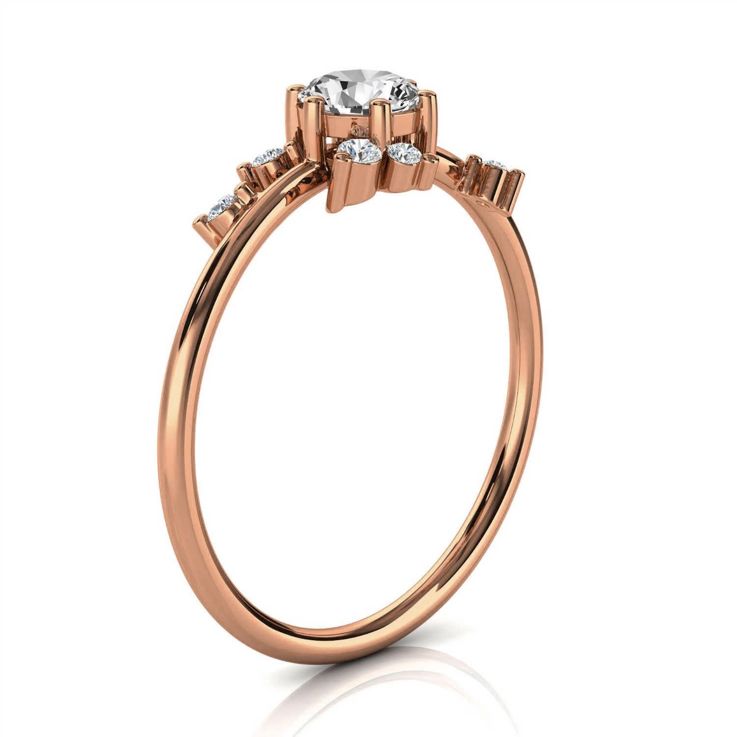 This petite handcrafted earthy, organically designed ring features a 1/3 carat center round cut. Six (6) round diamonds are un evenly scattered on a 1.2 mm wide shank adds to its rustic style. Experience the difference in person!

Product details: