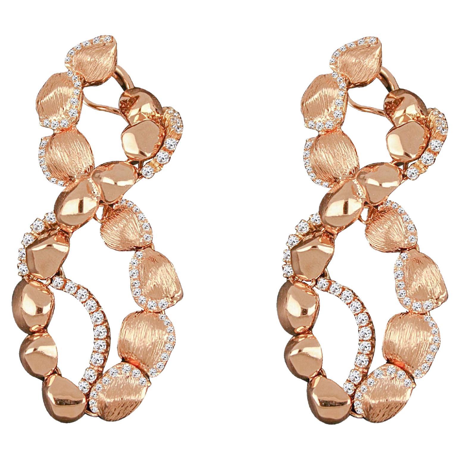18k Rose Gold Shiny & Matte Earrings with Round Cut Diamonds For Sale