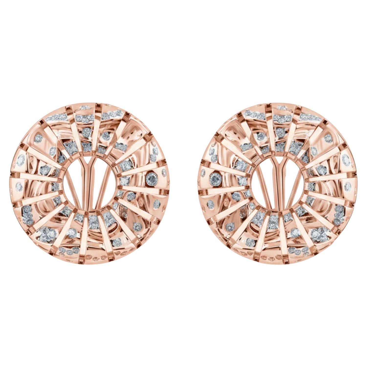18k Rose Gold SI/H Pave Diamonds Fluted Halo Clip-On Stud Earrings For Sale