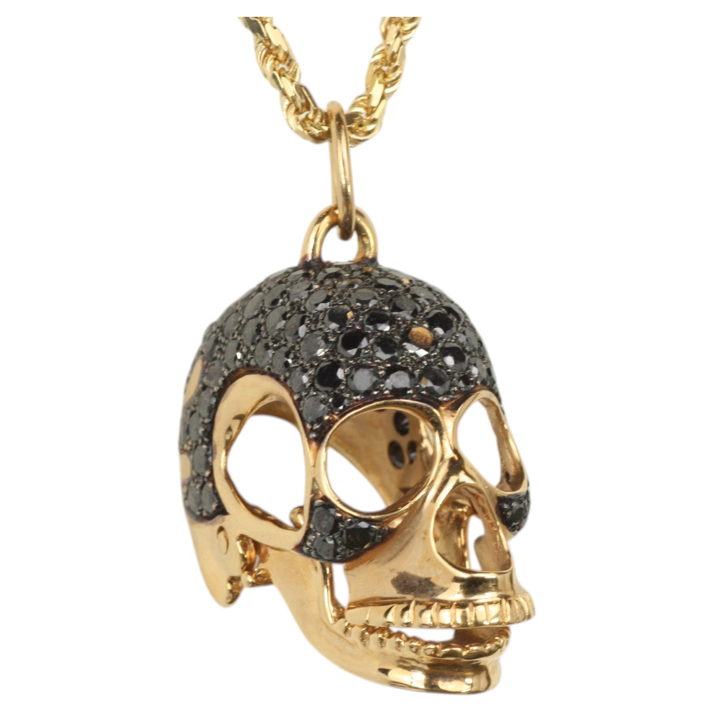 18K Rose Gold Skull Pendant with Black Diamond Flames