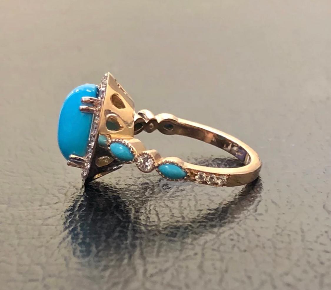 DeKara Designs Collection

Metal- 18K Rose Gold, .750.

Stones- Center Features a Sleeping Beauty Turquoise Cabochon Cut 12 x 10 MM 2.20-2.50 Carats, Four Marquise Turquoise, 32 Round Diamonds F-G Color VS2 Clarity, 0.40 Carats.

Size-