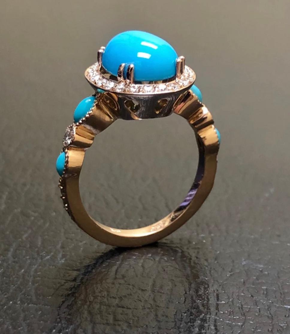 18K Rose Gold Sleeping Beauty Turquoise Halo Diamond Engagement Ring In New Condition For Sale In Los Angeles, CA