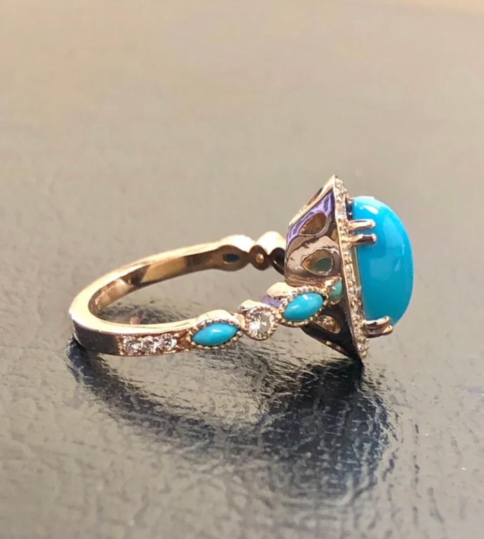 Bague de fiançailles en or rose 18 carats avec turquoise Sleeping Beauty et halo de diamants Neuf - En vente à Los Angeles, CA